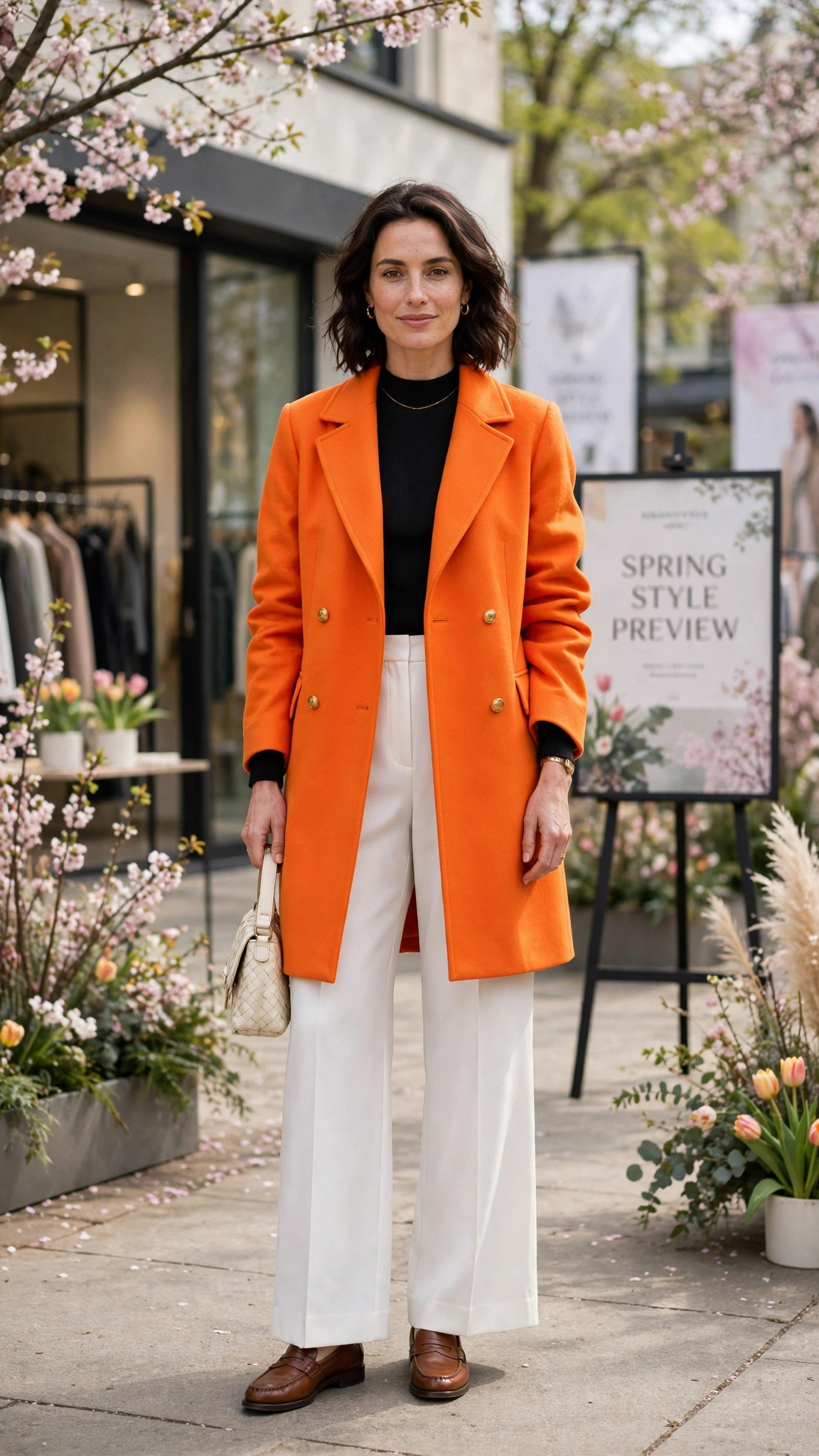 Mango Orange Bright Orange Coat Outfit with white wide-leg trousers and loafers