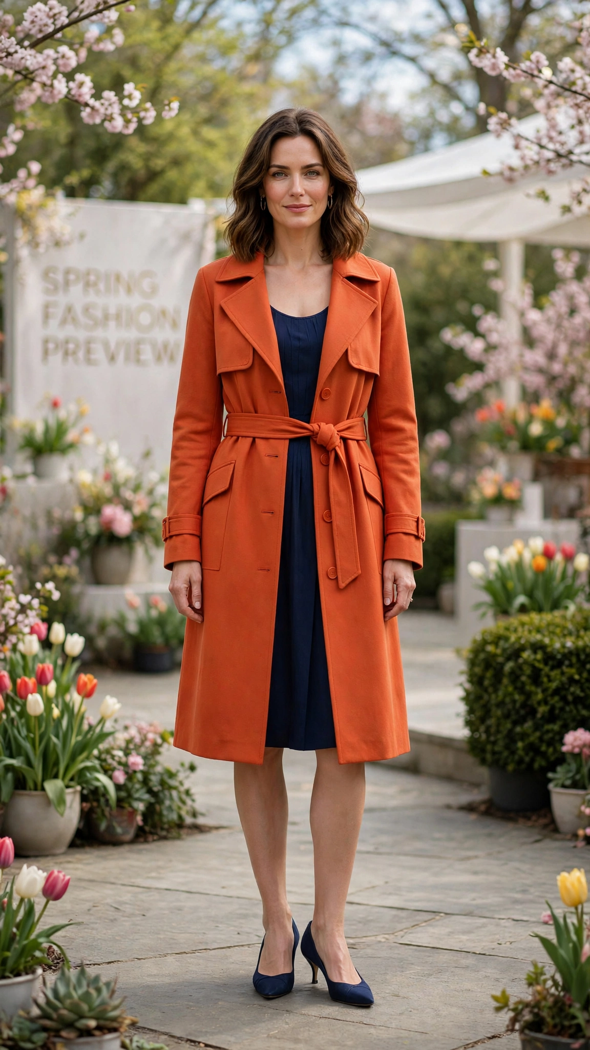 Terracotta Bright Orange Coat Outfit with a navy dress and kitten heels