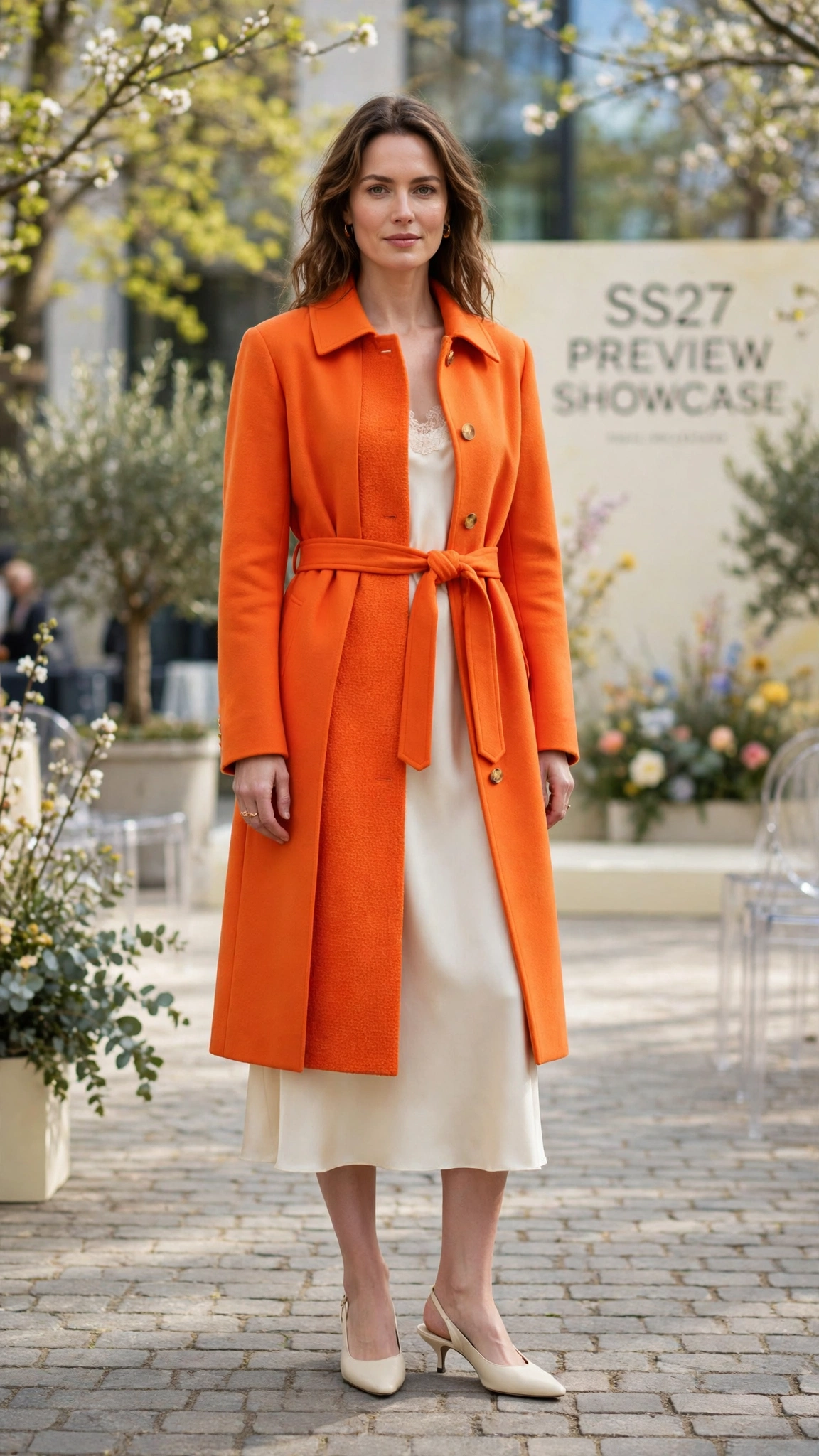 Tangerine Bright Orange Coat Outfit with a cream midi dress and slingbacks
