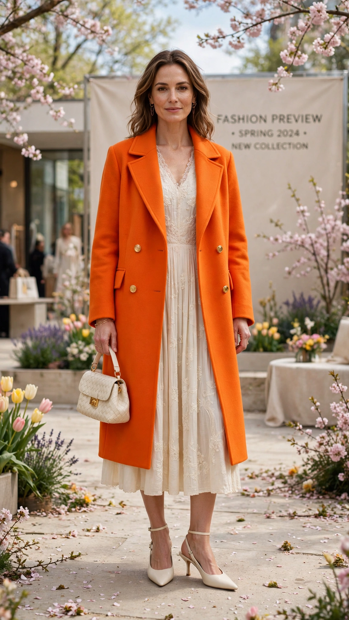 Marigold Bright Orange Coat Outfit with a cream midi dress and slingbacks
