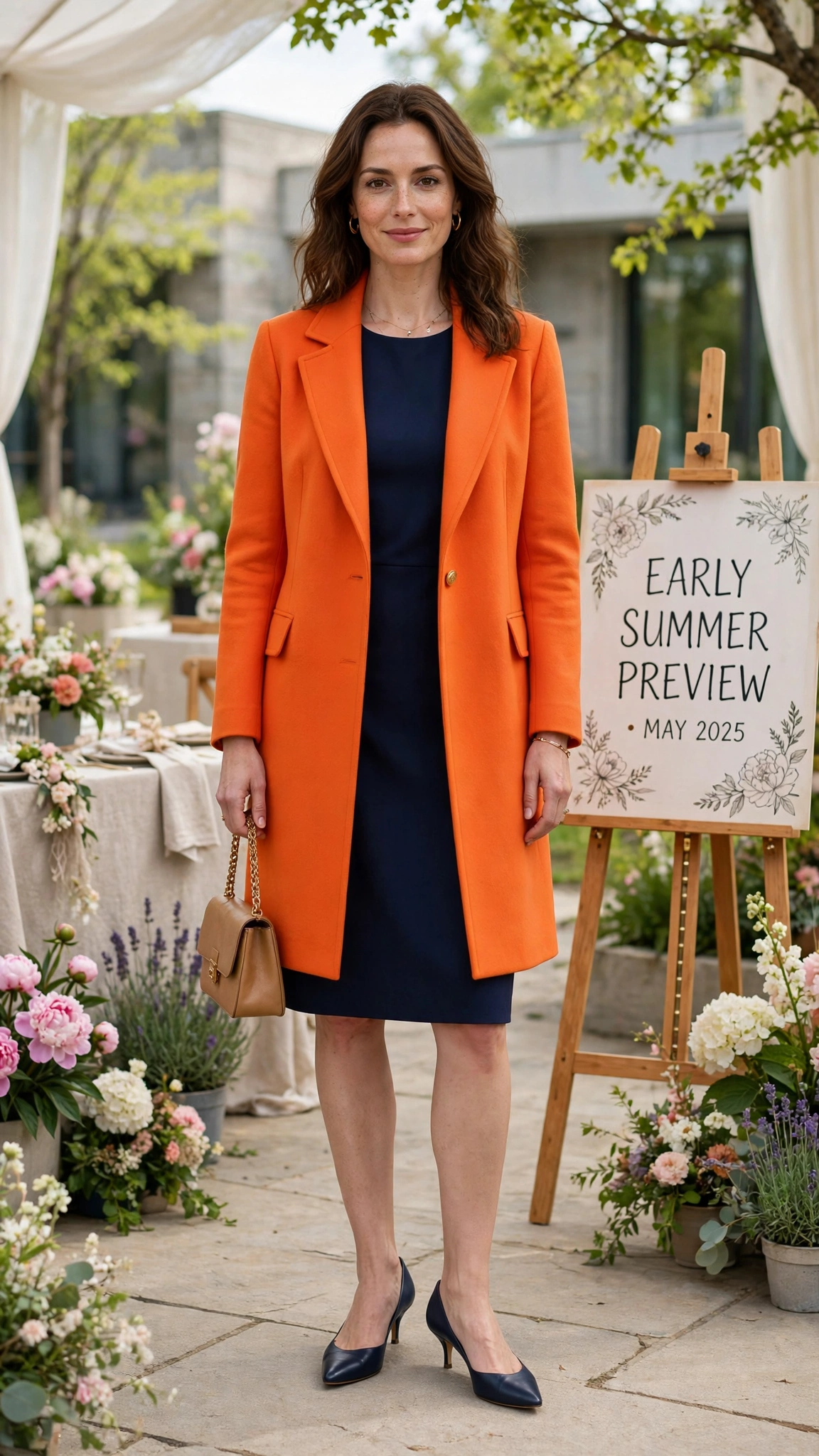 Sunset Orange Bright Orange Coat Outfit with a navy dress and kitten heels