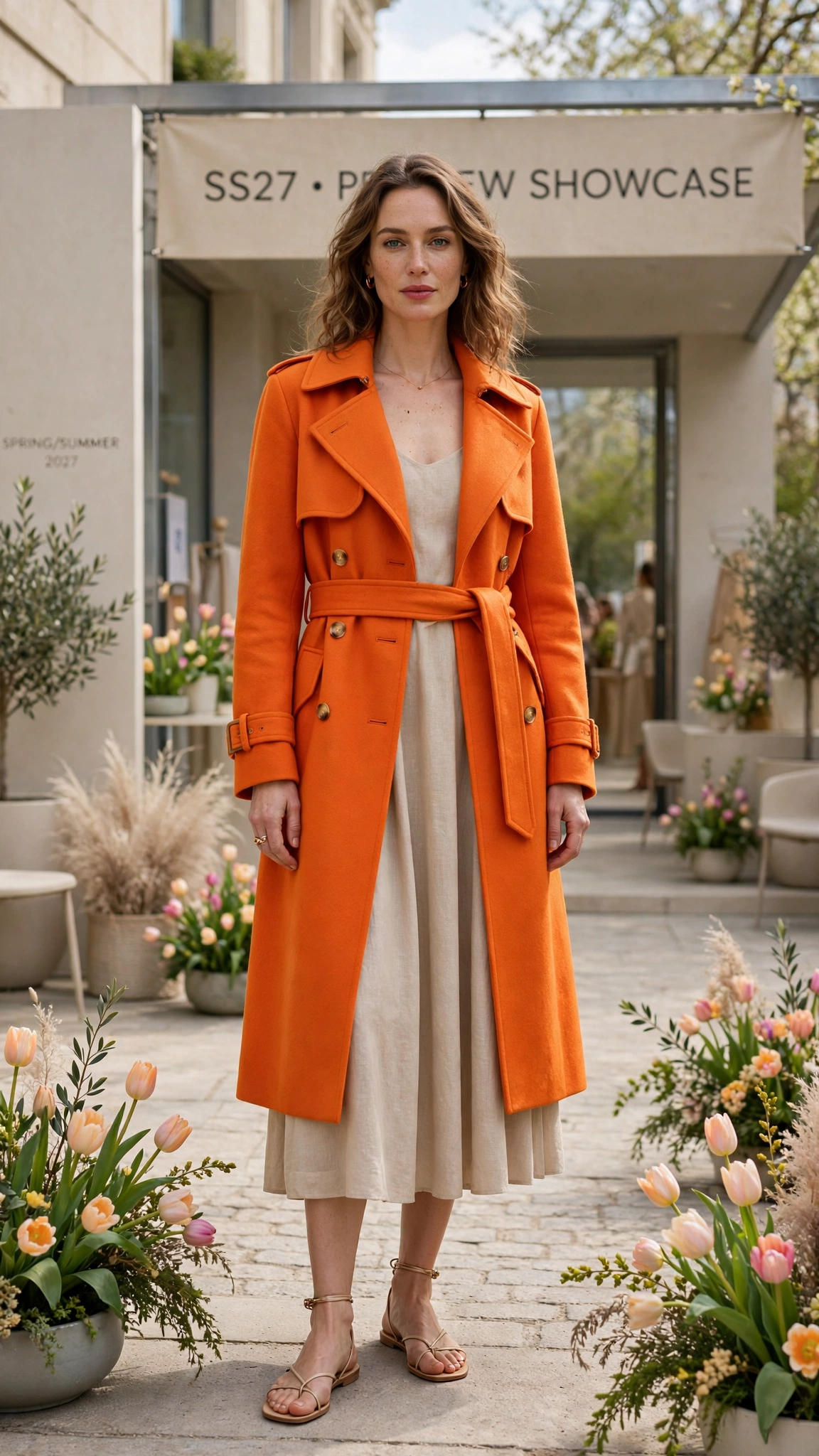 Clementine Bright Orange Coat Outfit with a beige dress and strappy sandals