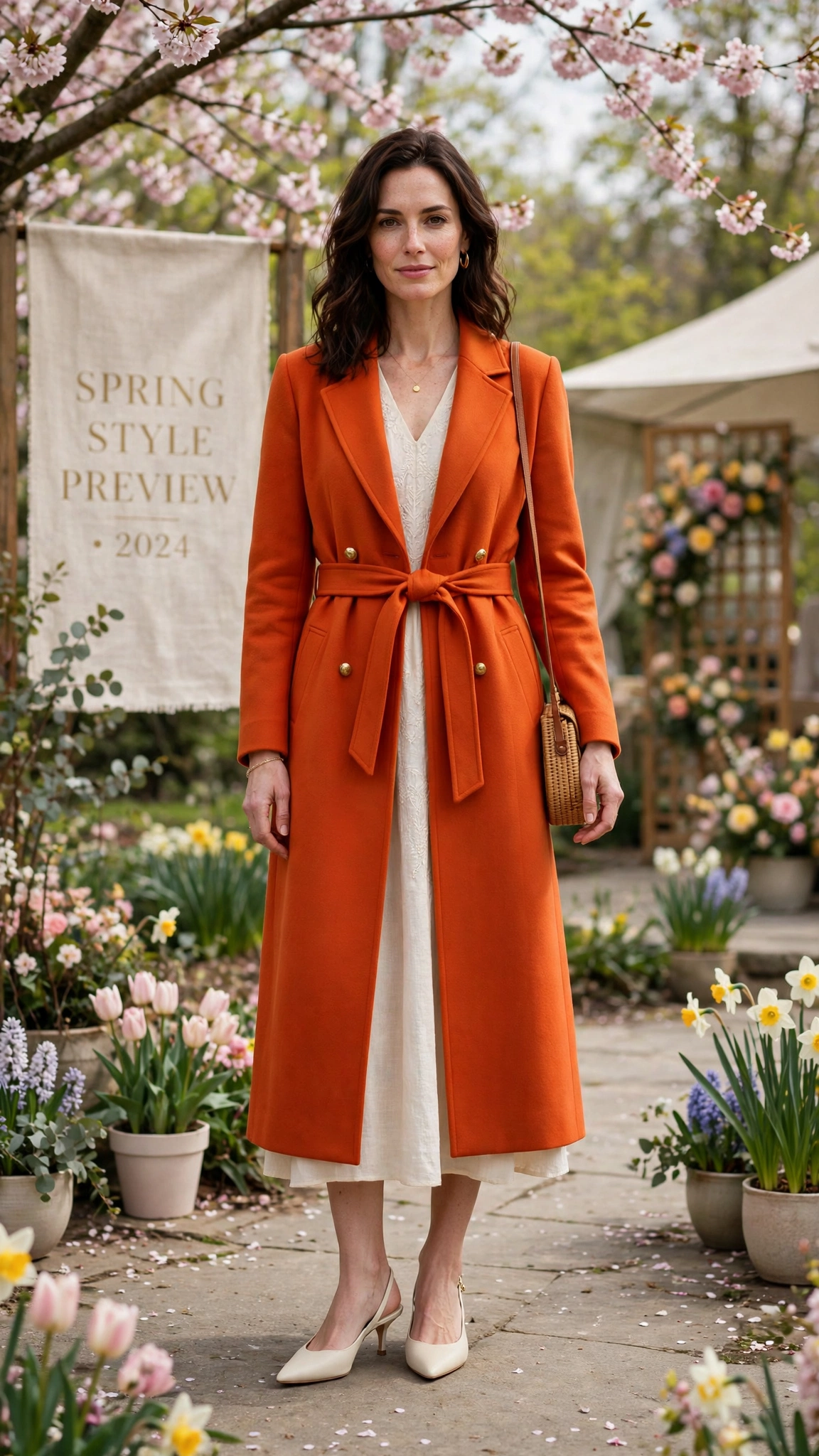 Burnt Orange Bright Orange Coat Outfit with a cream midi dress and slingbacks