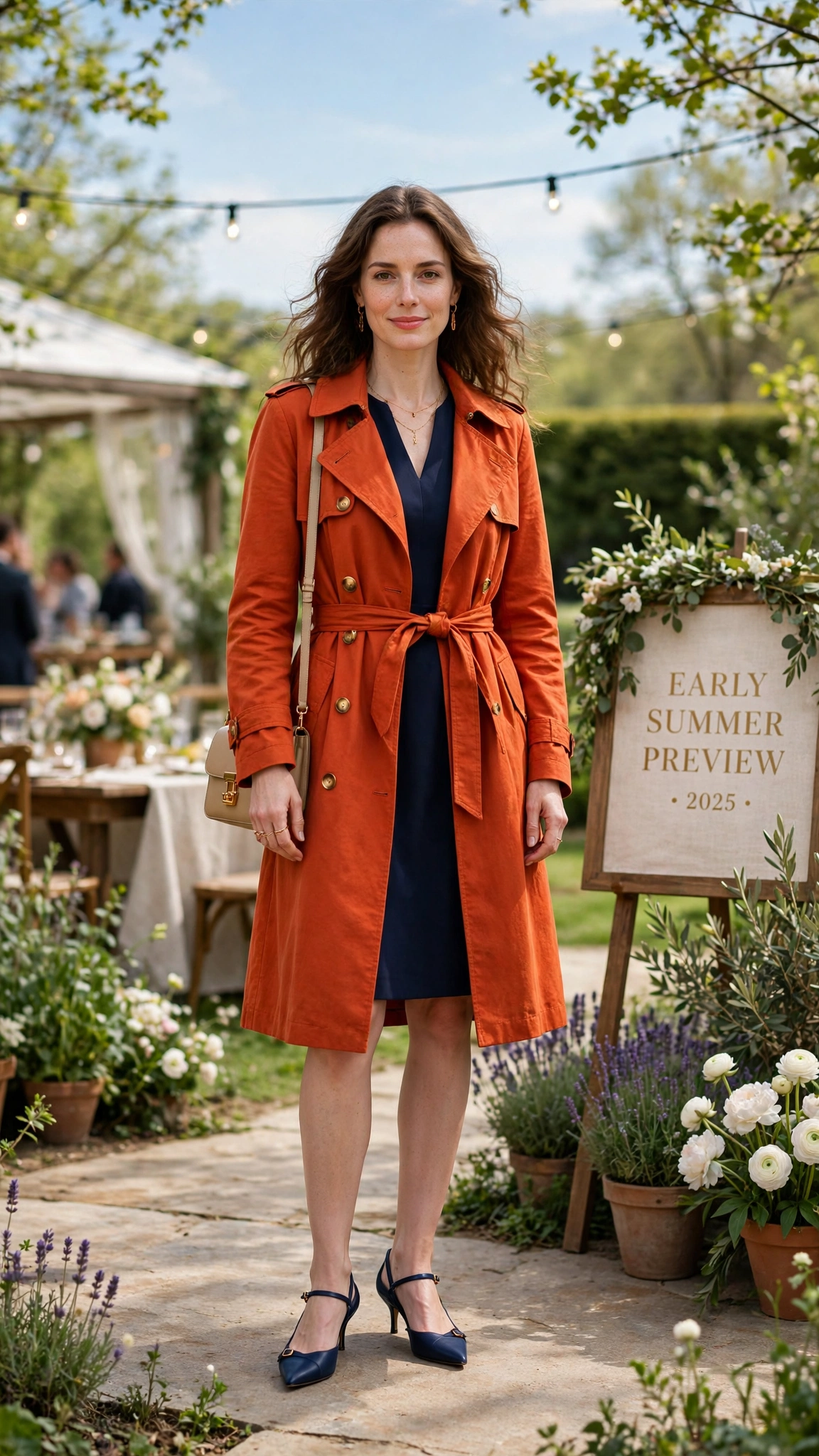 Rust Orange Bright Orange Coat Outfit with a navy dress and kitten heels