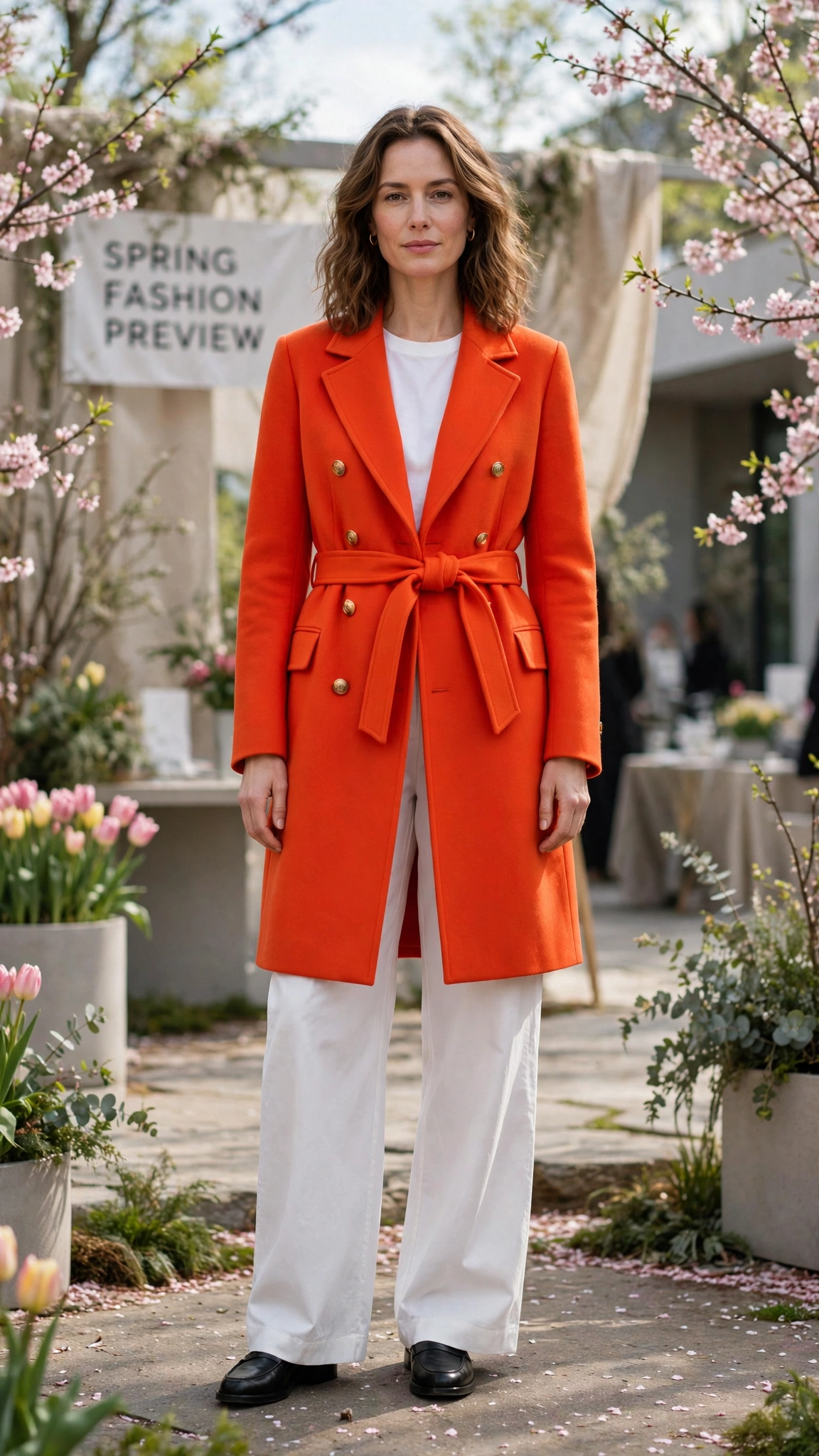Blood Orange Bright Orange Coat Outfit with white wide-leg trousers and loafers