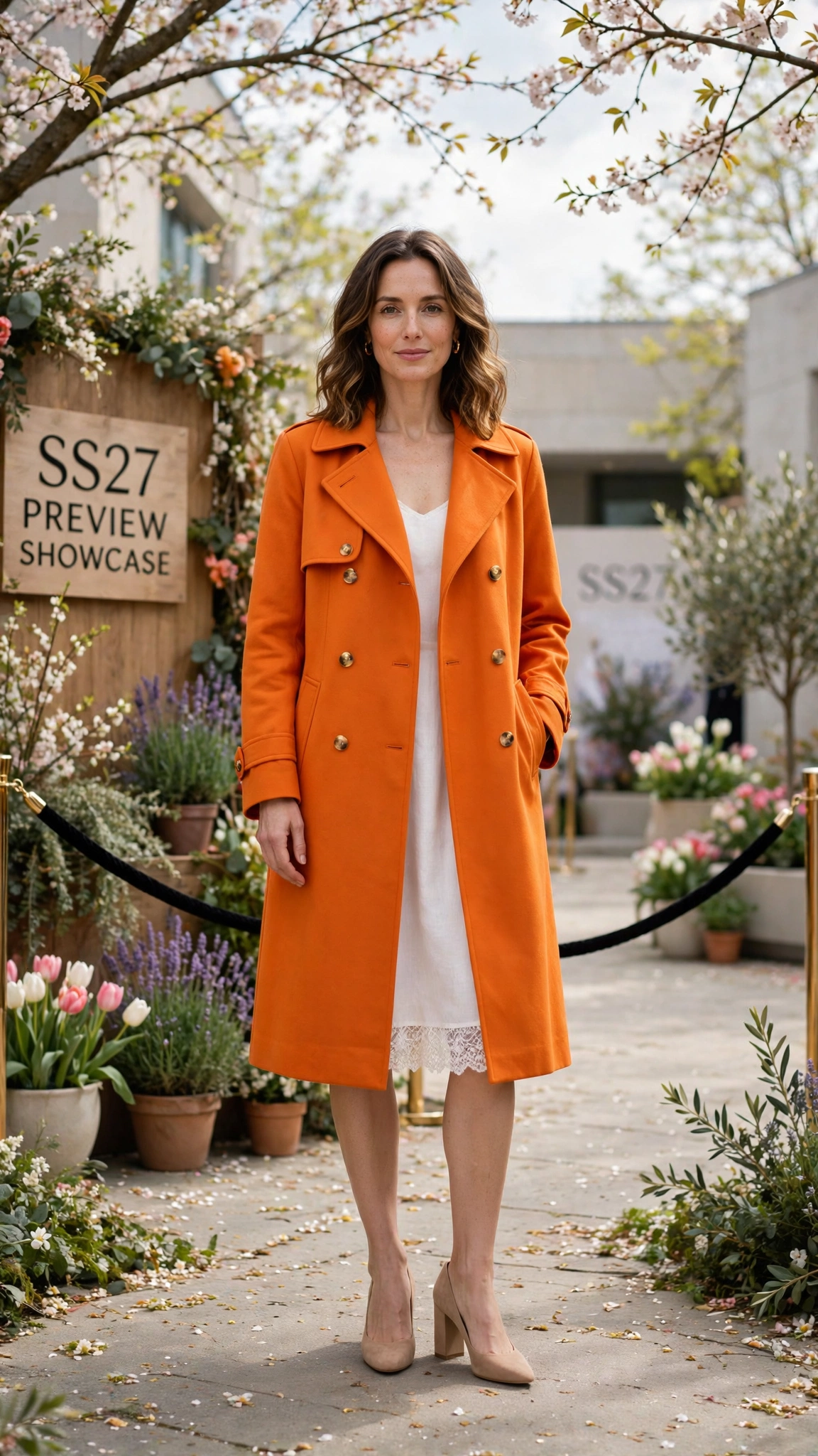 Marigold Bright Orange Coat Outfit with a white dress and nude block heels