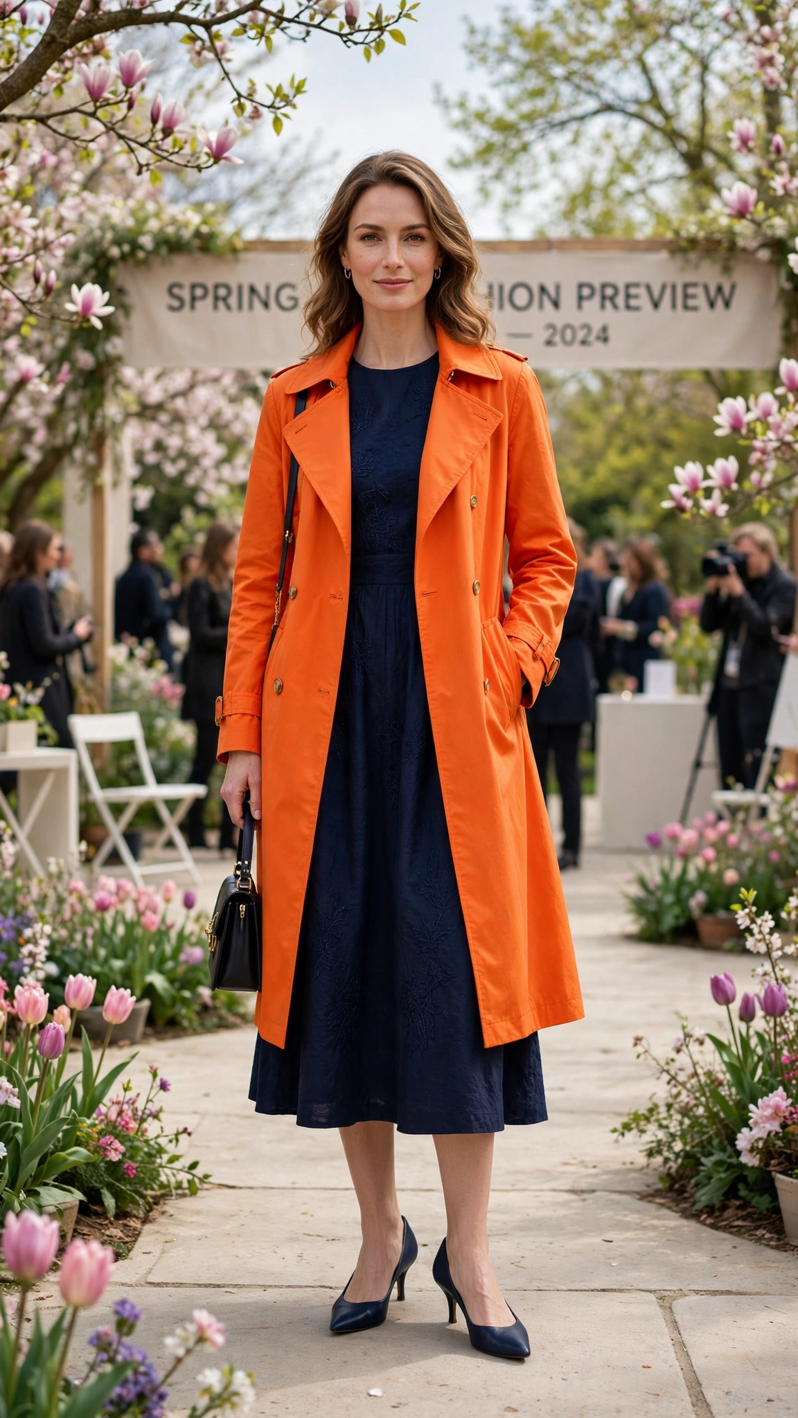 Bright Orange Bright Orange Coat Outfit with a navy dress and kitten heels