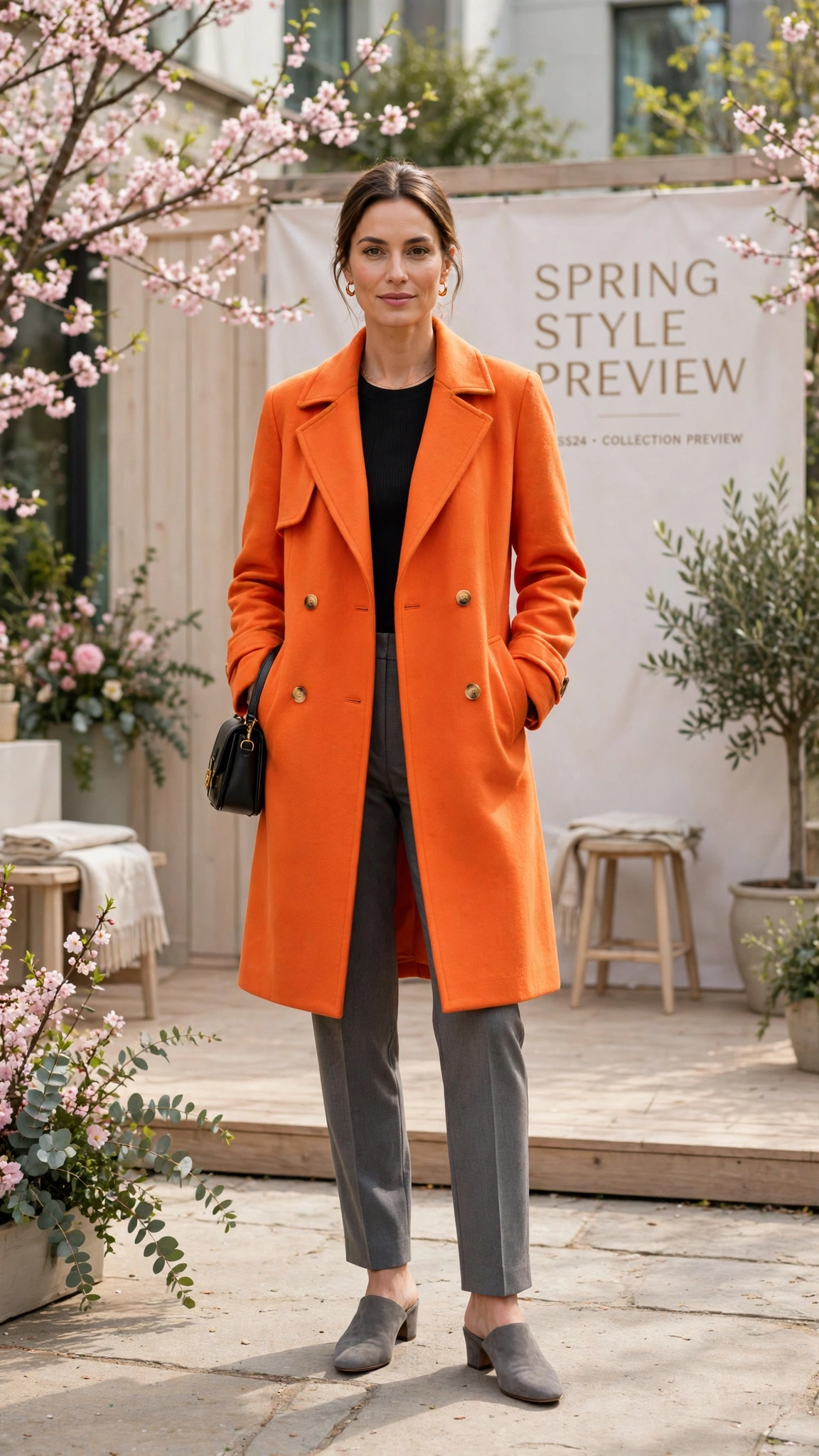 Papaya Bright Orange Coat Outfit with grey tailored trousers and mules