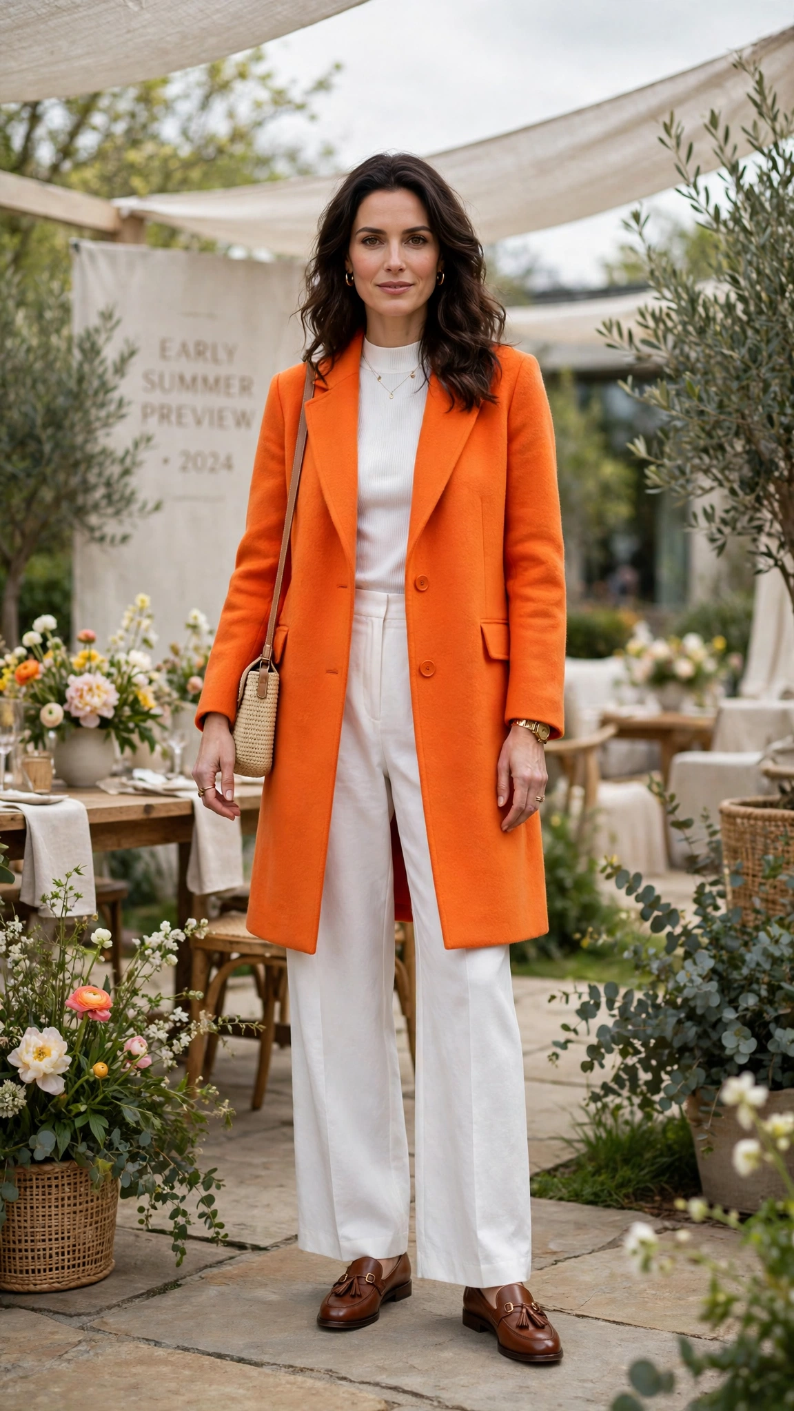 Tangerine Bright Orange Coat Outfit with white wide-leg trousers and loafers