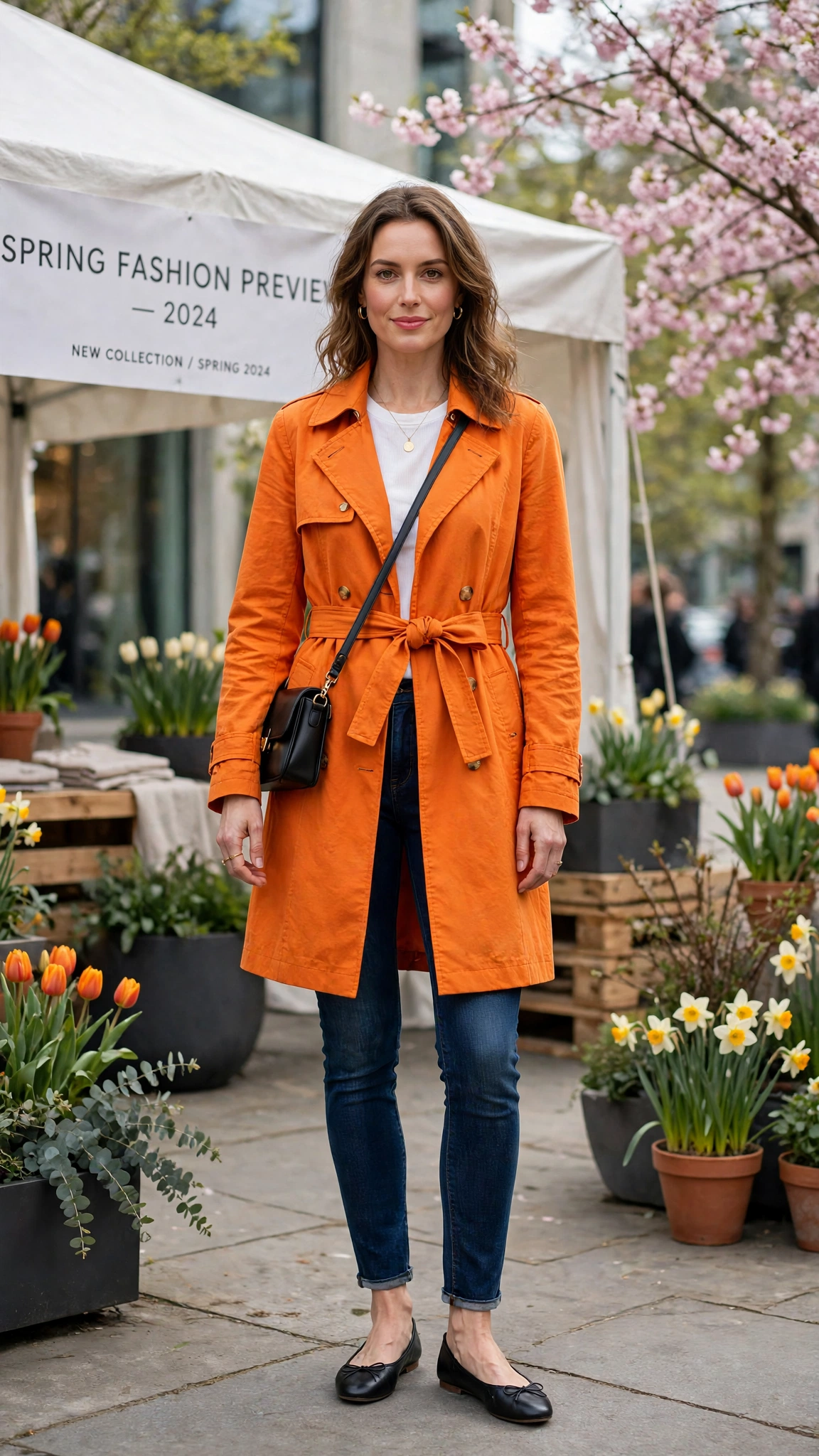 Marigold Bright Orange Coat Outfit with dark jeans and ballet flats