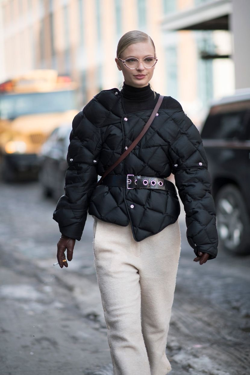 Black Puffer, Brown Leather Gloves and Light Trousers
