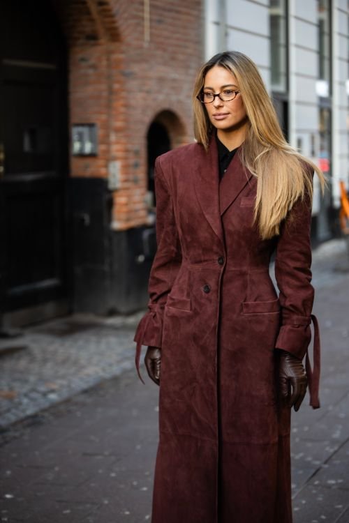 Burgundy Coat, Brown Leather Gloves and Blue Jeans