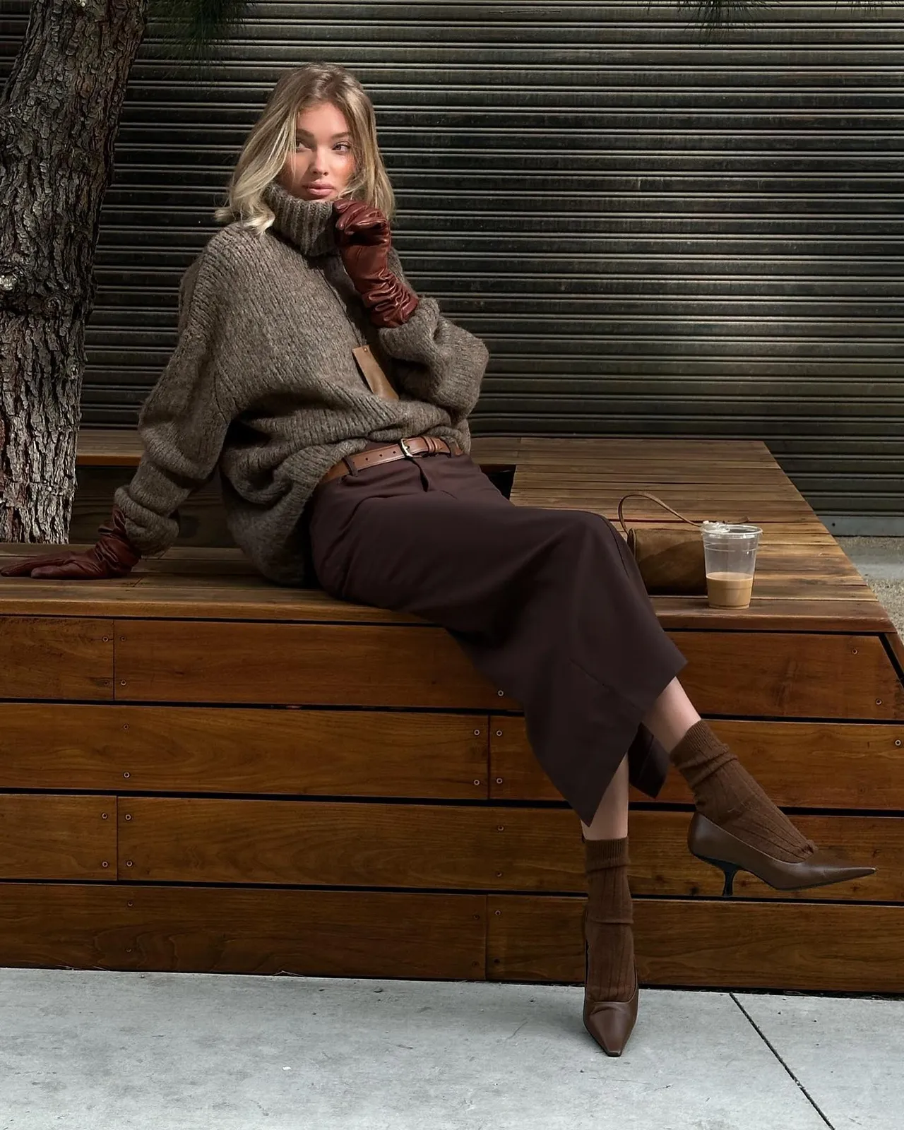 Oversized Knit, Brown Leather Gloves and Brown Trousers