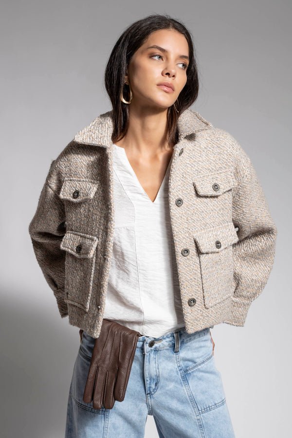 Denim Jacket, Brown Leather Gloves and Blue Jeans