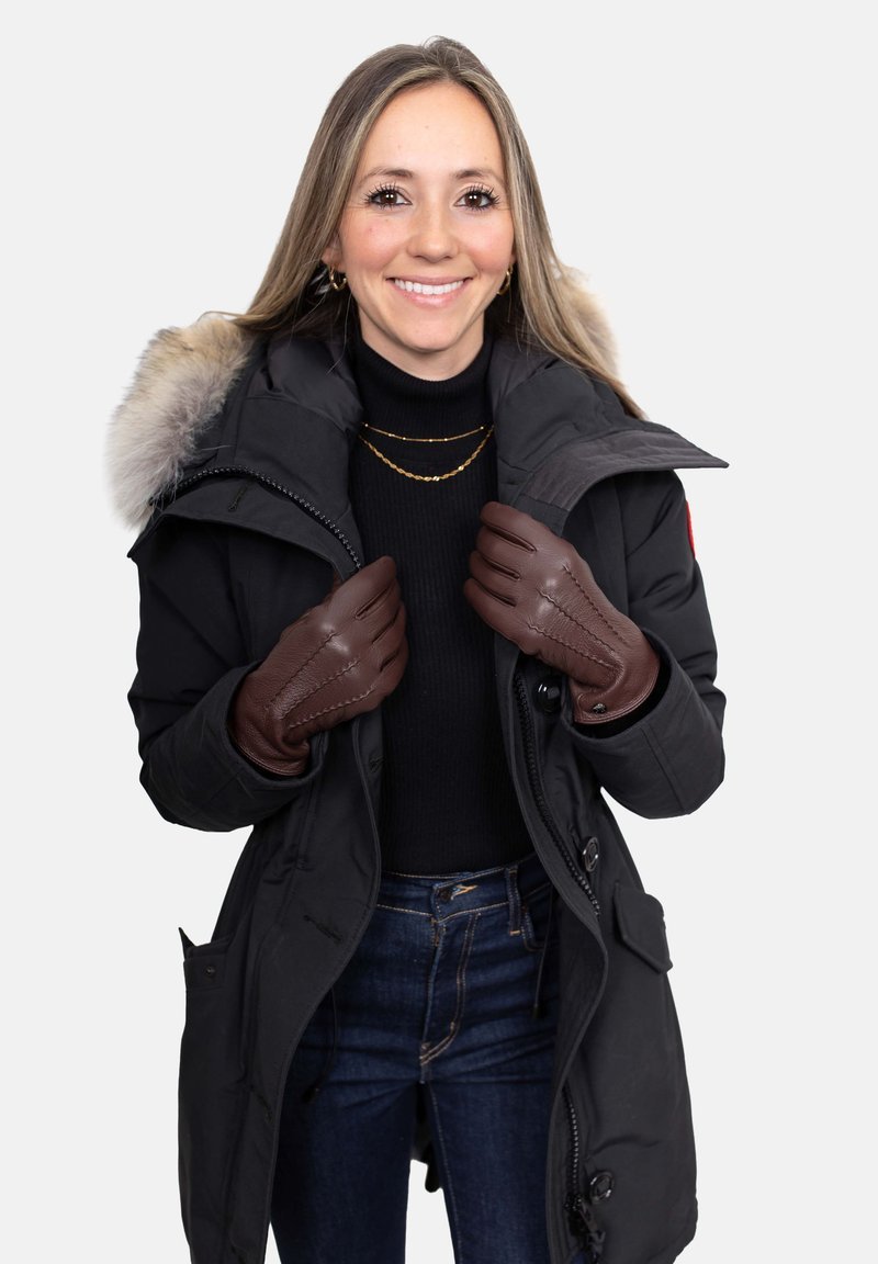 Olive Parka, Brown Leather Gloves and Black Jeans