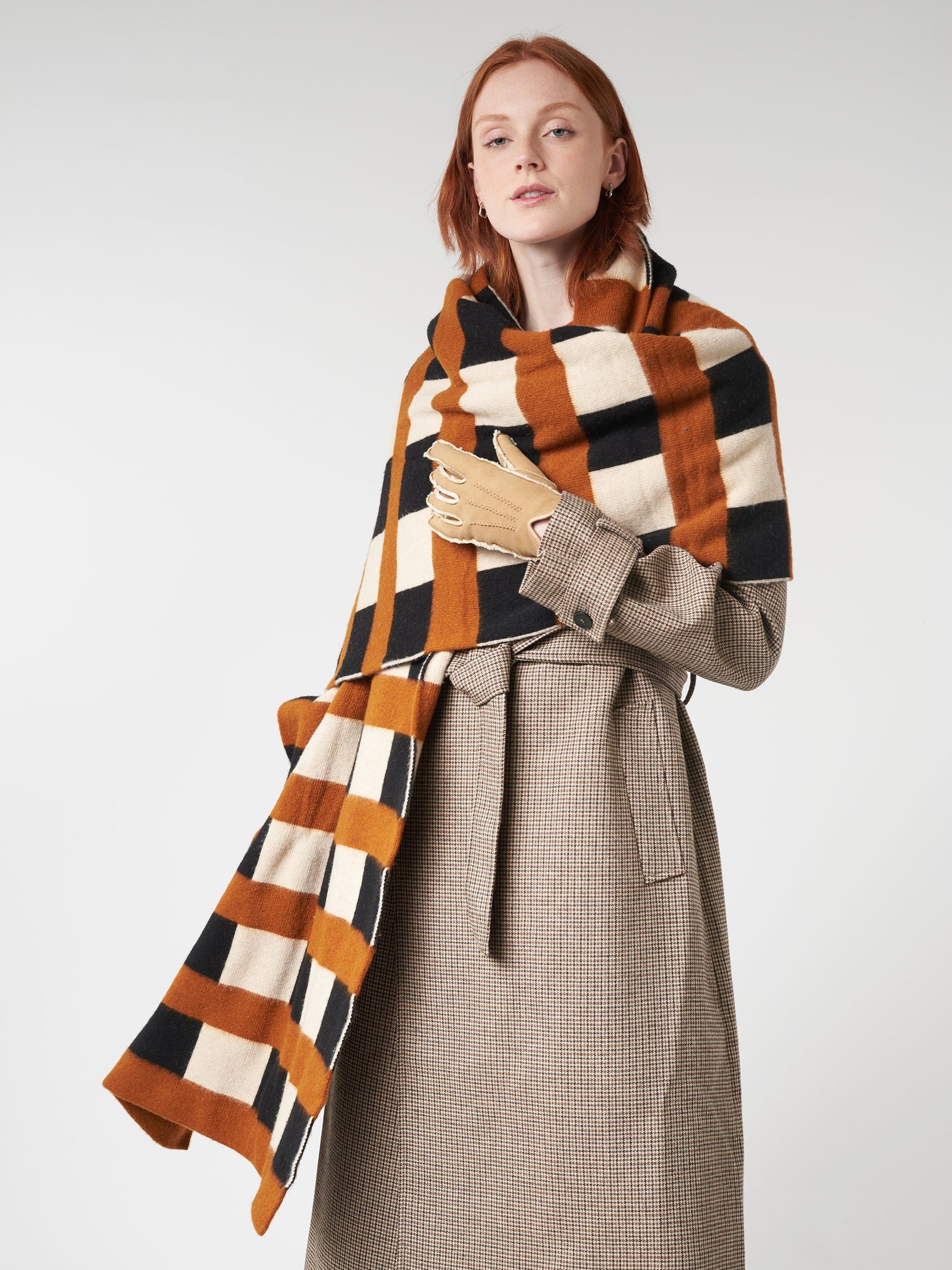 Beige Coat, Tan Leather Gloves and a Checked Scarf