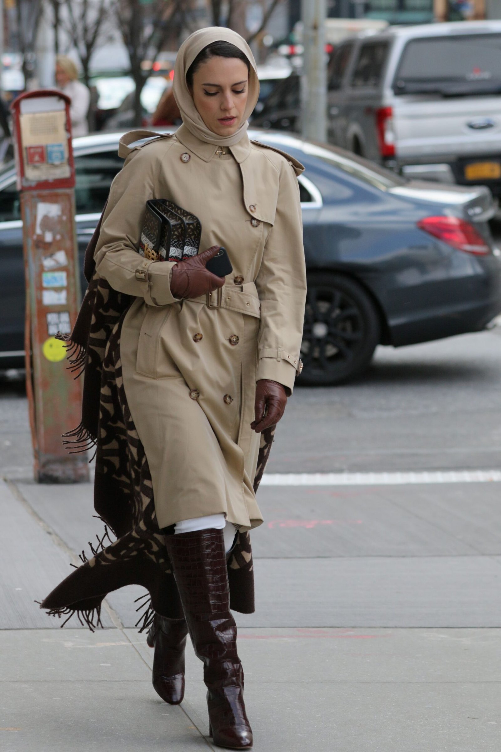 Beige Trench Coat, Brown Leather Gloves and Dark Boots