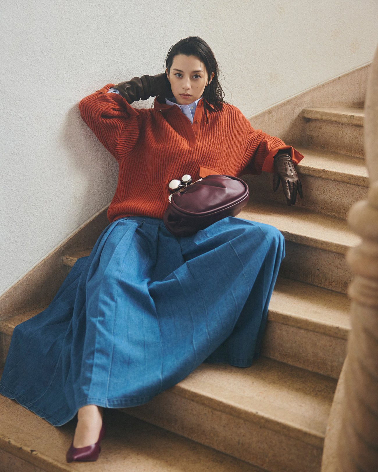 Rust Knit, Brown Leather Gloves and a Blue Midi Skirt