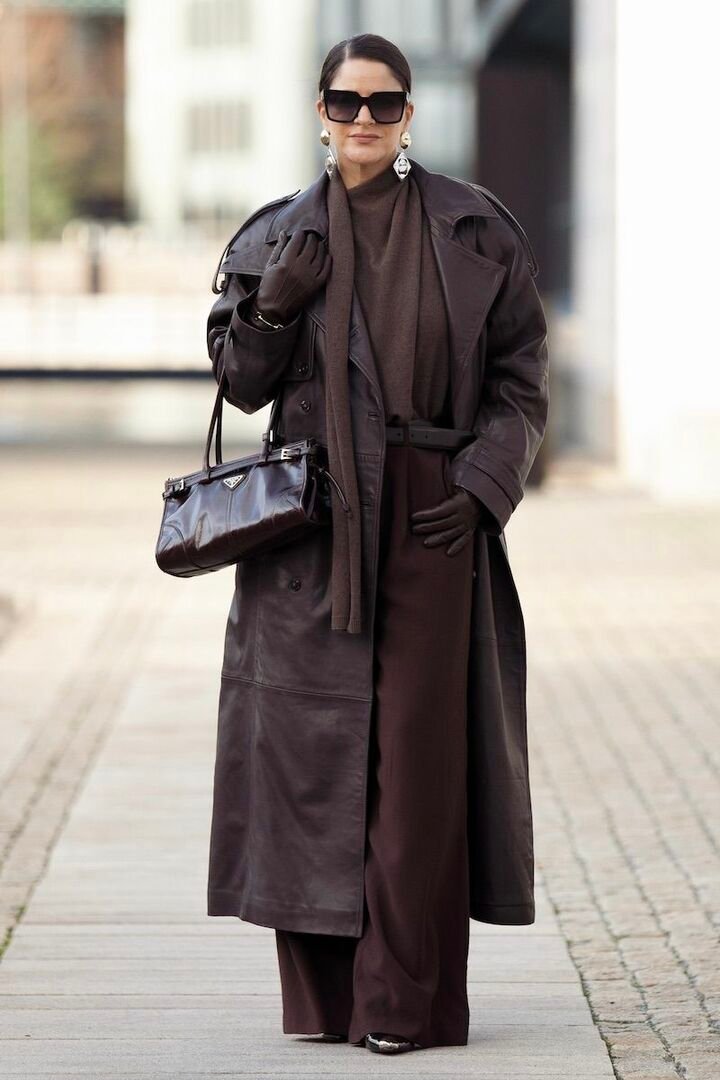 Brown Leather Coat, Brown Leather Gloves and Brown Trousers