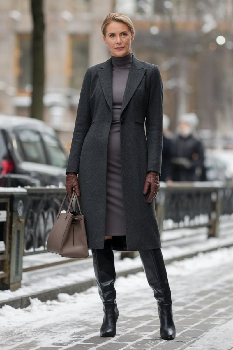 Charcoal Coat, Brown Leather Gloves and Black Jeans