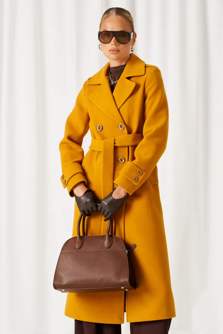 Mustard Coat, Brown Leather Gloves and Dark Jeans