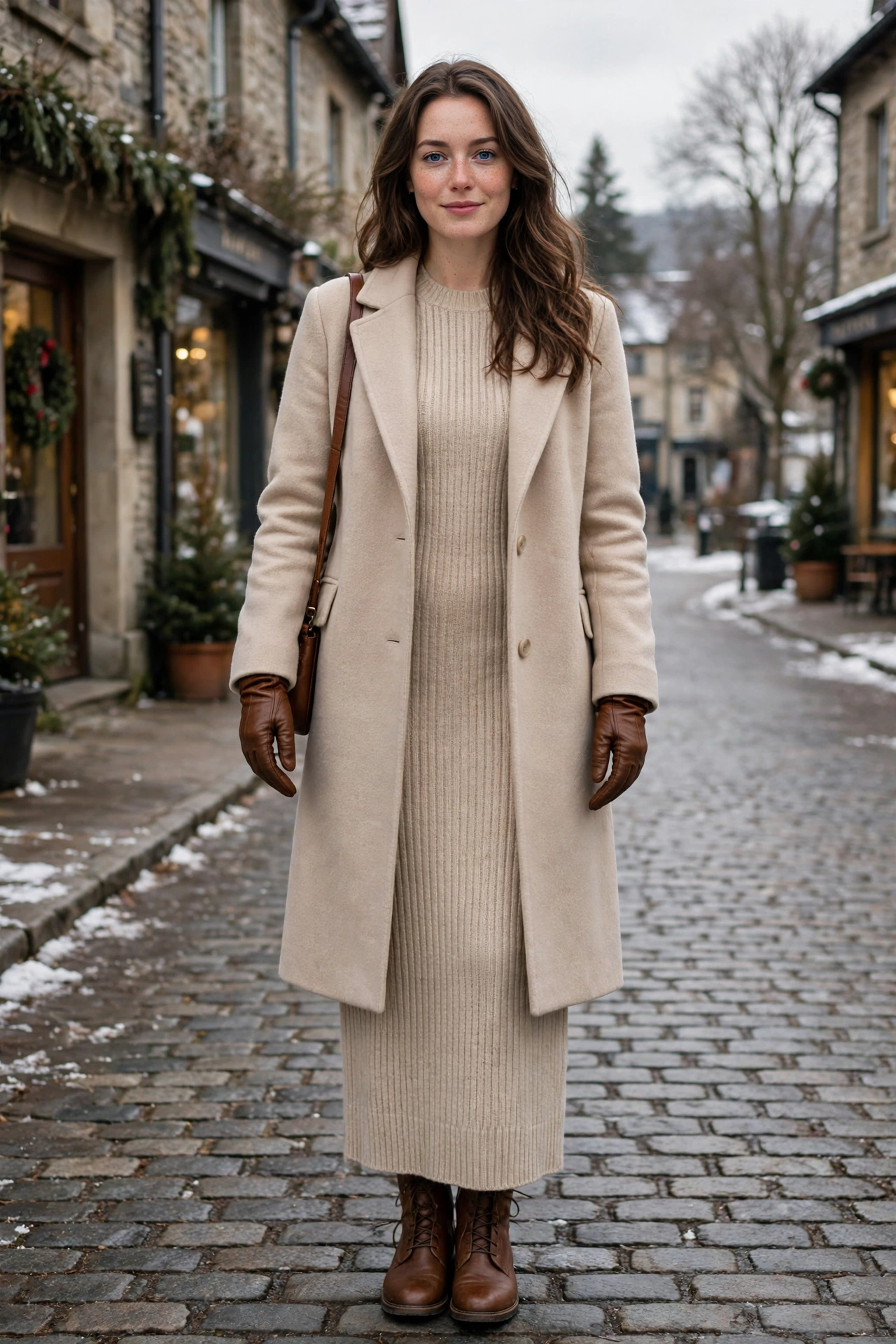 Beige Coat, Brown Leather Gloves and a Knit Dress