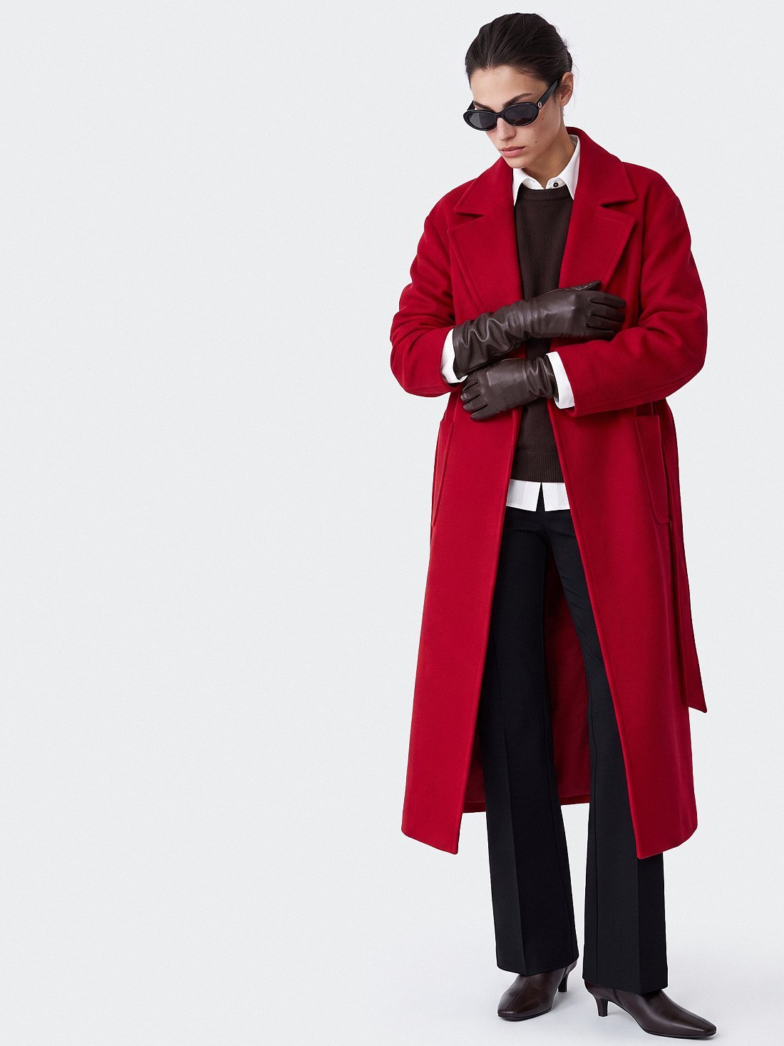 Red Coat, Brown Leather Gloves and Black Trousers