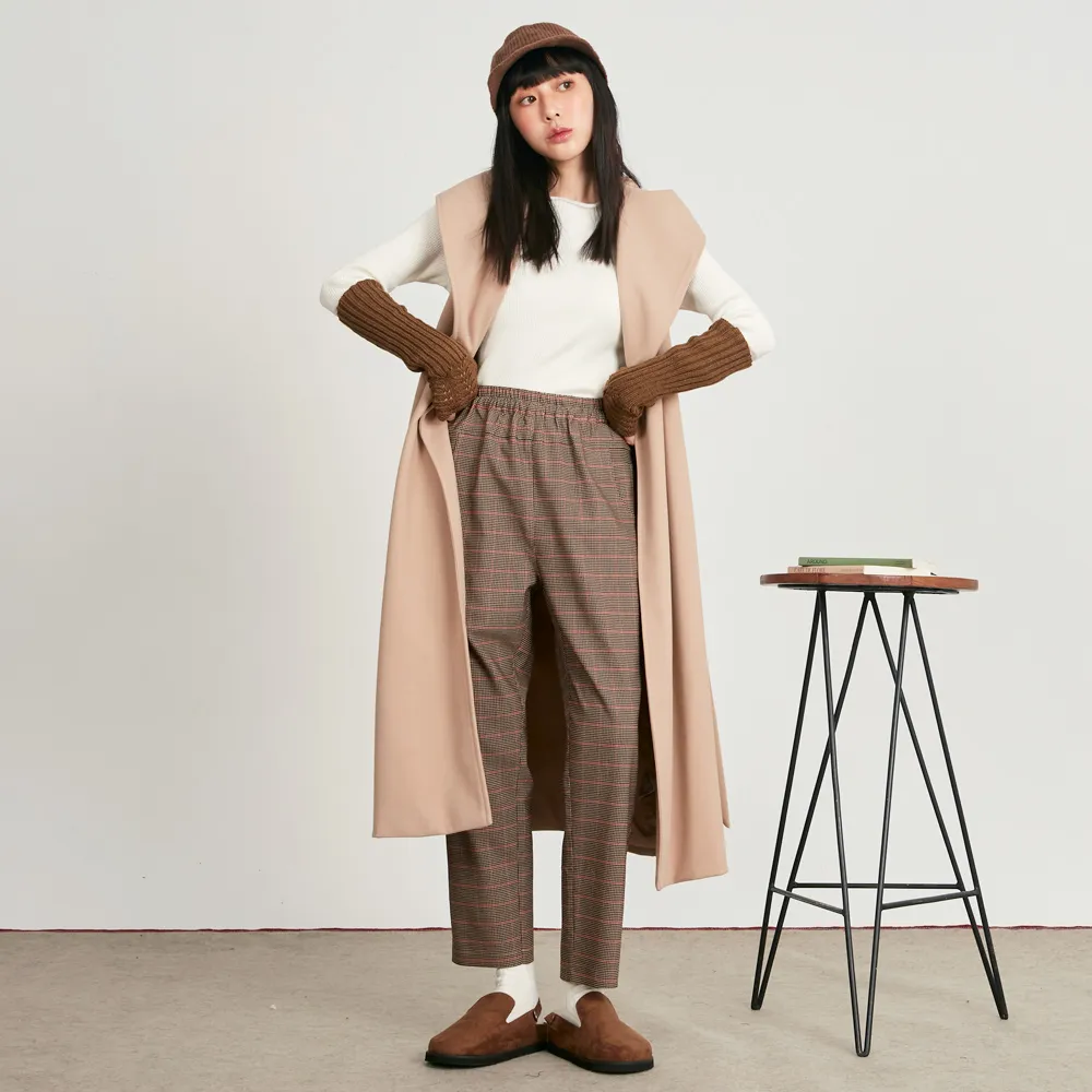 Beige Coat, Brown Leather Gloves and Plaid Trousers