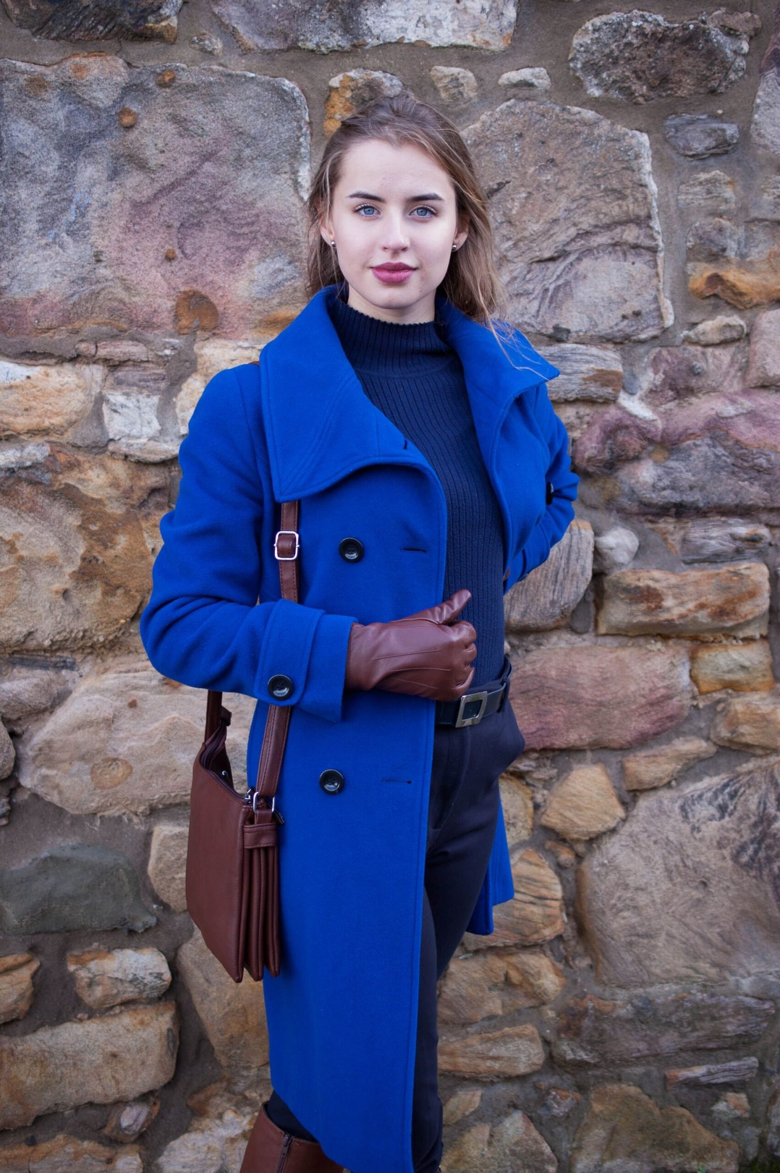 Blue Coat, Brown Leather Gloves and Dark Jeans