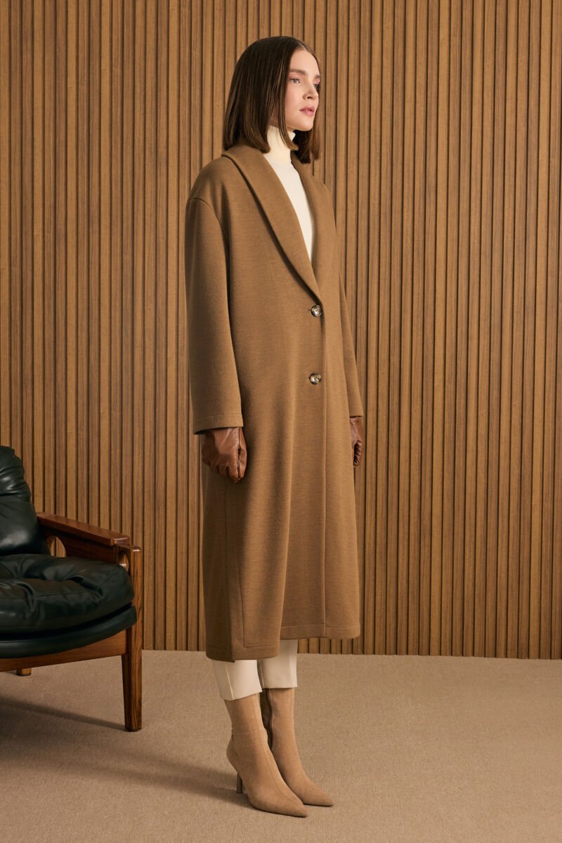 Brown Coat, Brown Leather Gloves and Cream Trousers