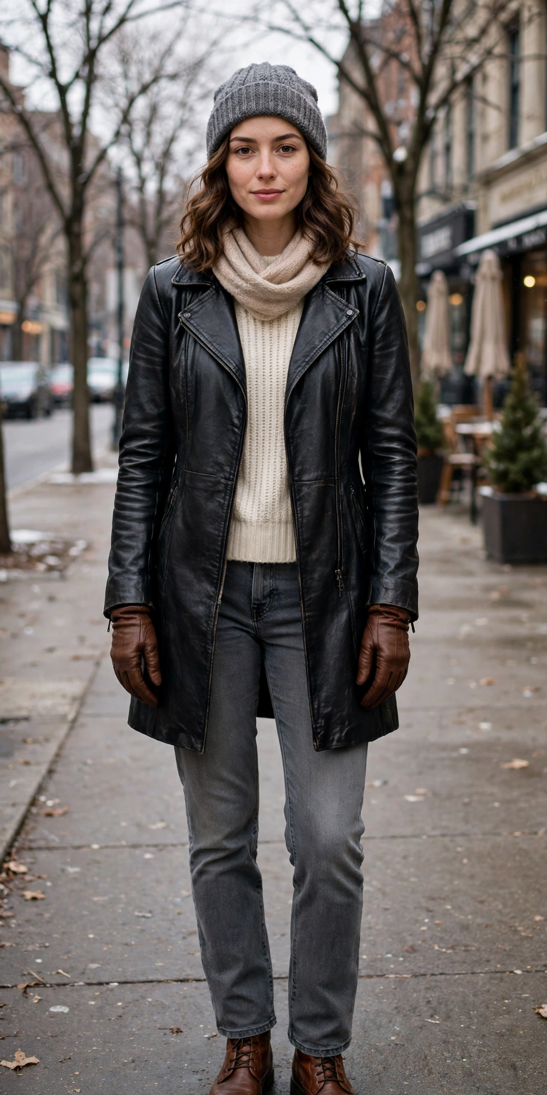 Black Leather Coat, Brown Leather Gloves and Grey Jeans
