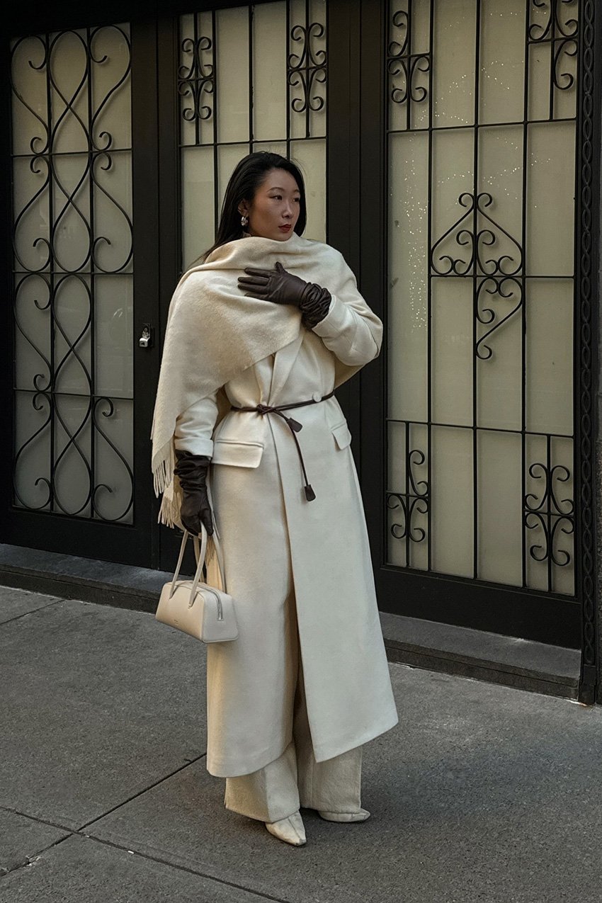 Cream Coat, Brown Leather Gloves and Cream Trousers