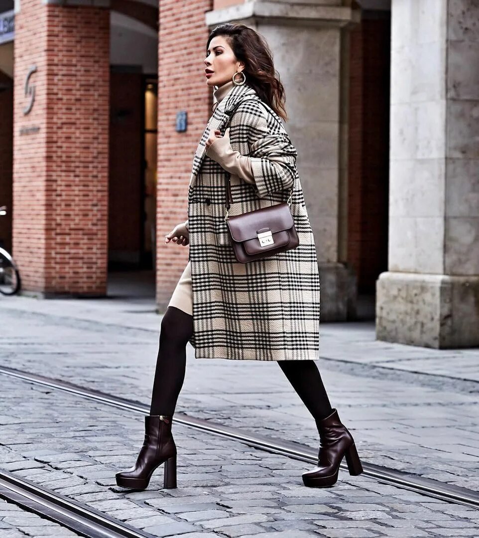 Checked Coat, Brown Leather Gloves and Black Jeans