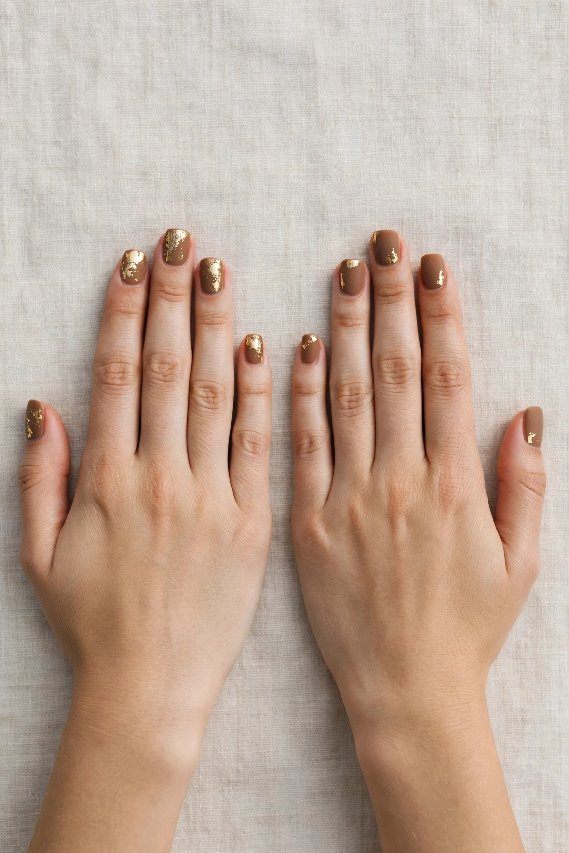 30 Brown Neutral Christmas Nails For Women In Their 20S With Short Square Nails That Are Chic, Warm and Elegant 4 Brown Neutral Christmas Nails with a velvet matte finish and gold foil accents