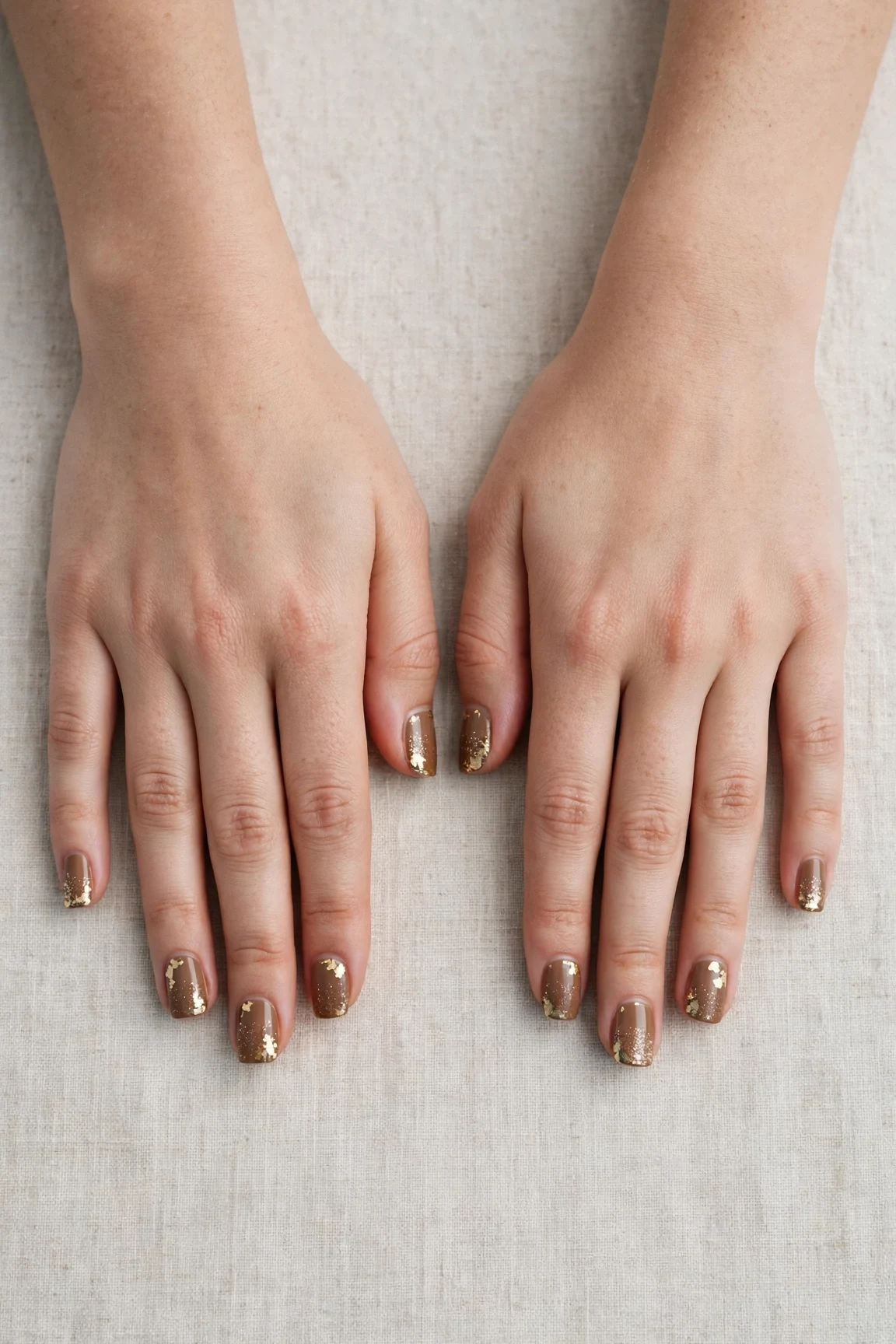 30 Brown Neutral Christmas Nails For Women In Their 20S With Short Square Nails That Are Chic, Warm and Elegant 8 Brown Neutral Christmas Nails with a glitter gradient finish and gold foil accents