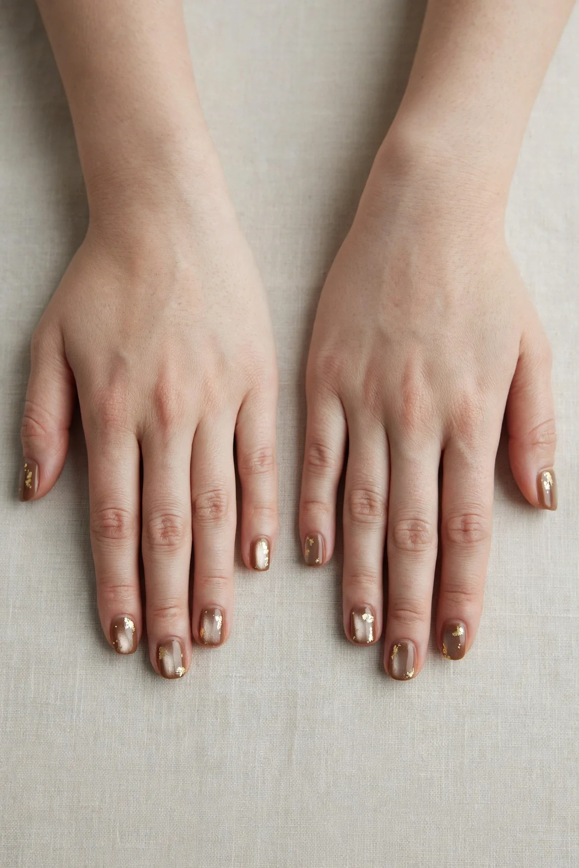 30 Brown Neutral Christmas Nails For Women In Their 20S With Short Square Nails That Are Chic, Warm and Elegant 9 Brown Neutral Christmas Nails with a pearl shimmer finish and gold foil accents