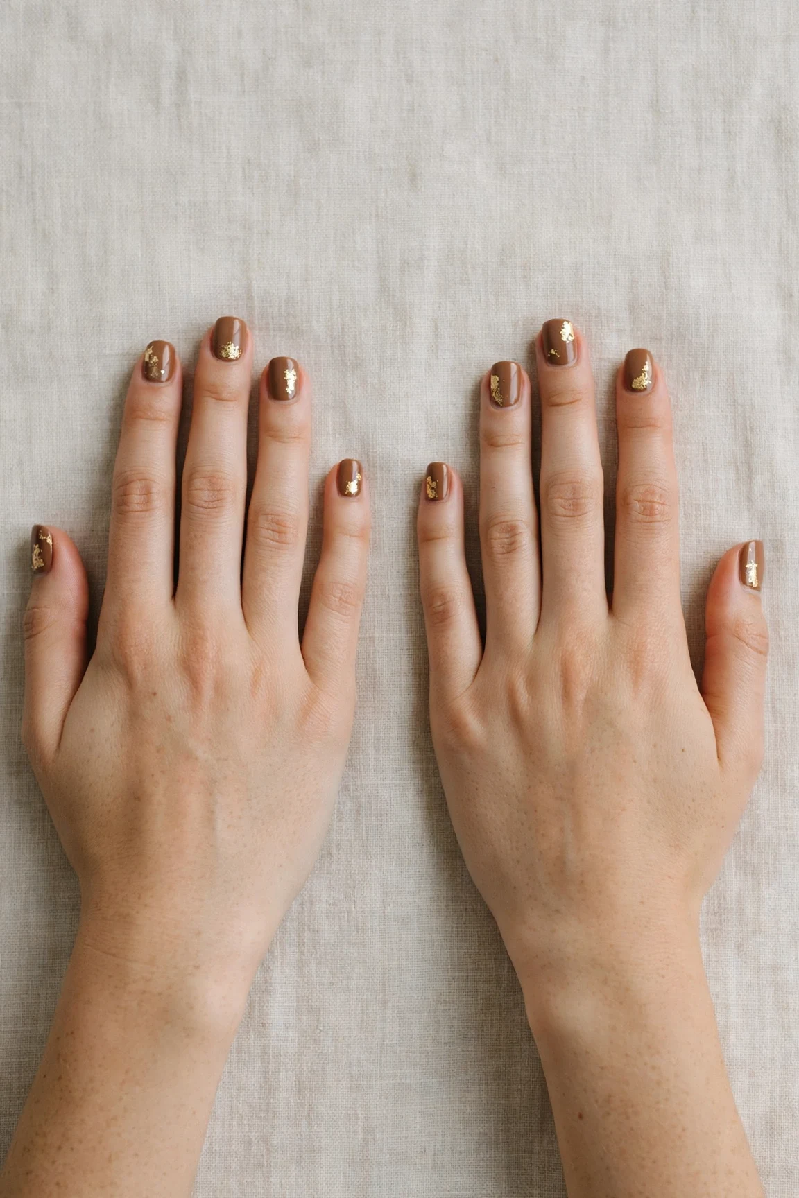 30 Brown Neutral Christmas Nails For Women In Their 20S With Short Square Nails That Are Chic, Warm and Elegant 12 Brown Neutral Christmas Nails with a creamy opaque finish and gold foil accents