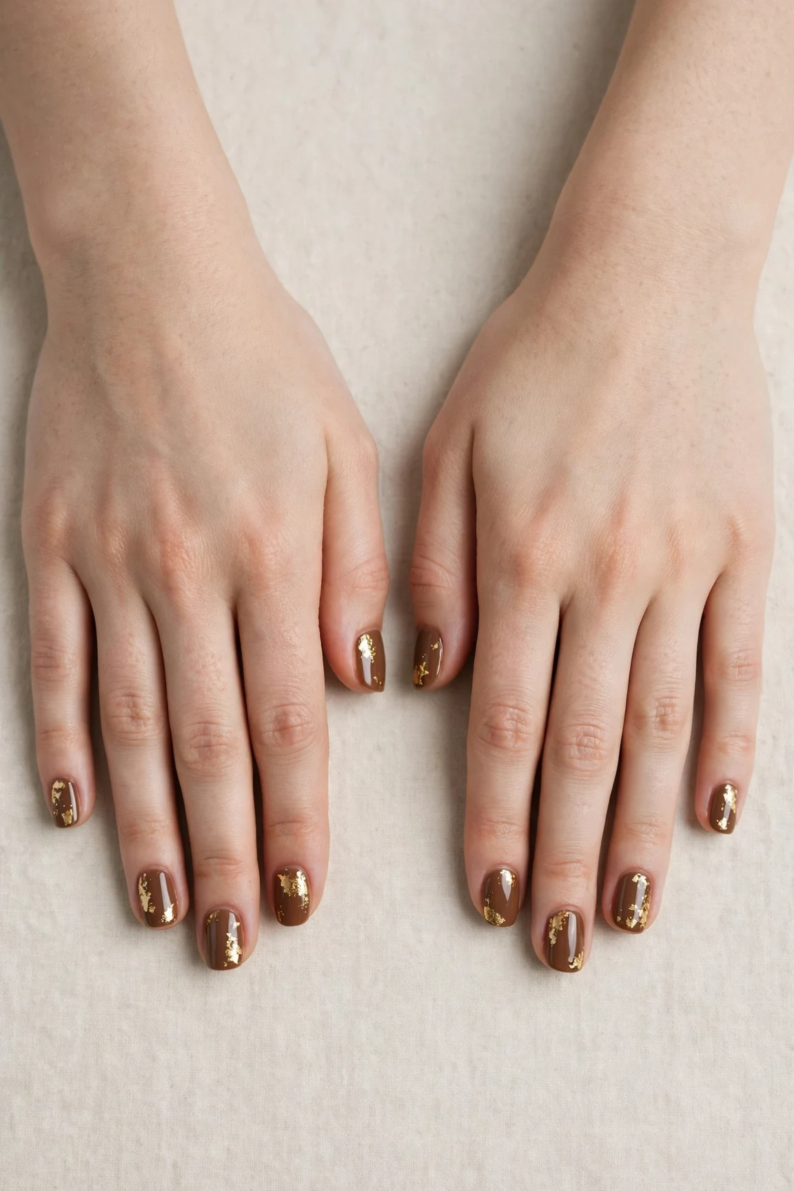 30 Brown Neutral Christmas Nails For Women In Their 20S With Short Square Nails That Are Chic, Warm and Elegant 13 Brown Neutral Christmas Nails with a deep glossy shine and gold foil accents