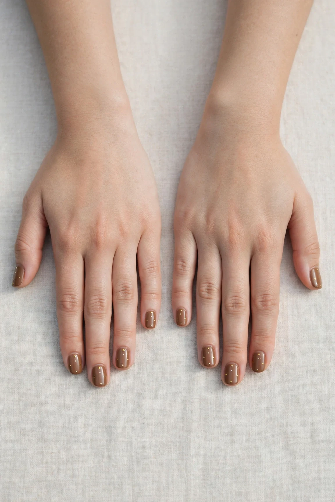 30 Brown Neutral Christmas Nails For Women In Their 20S With Short Square Nails That Are Chic, Warm and Elegant 14 Brown Neutral Christmas Nails with a high-gloss finish and tiny gold dots