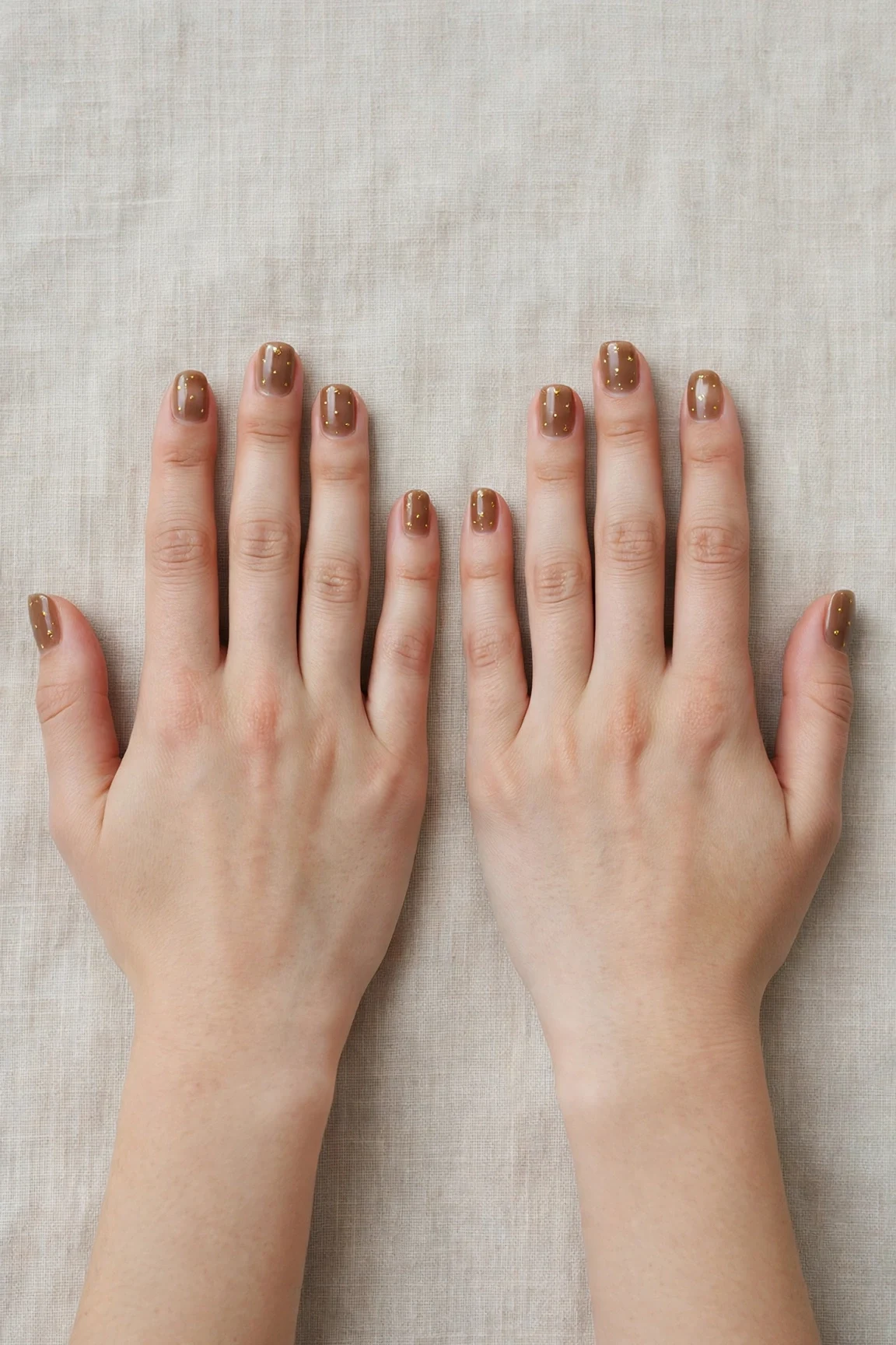 30 Brown Neutral Christmas Nails For Women In Their 20S With Short Square Nails That Are Chic, Warm and Elegant 18 Brown Neutral Christmas Nails with a sheer jelly finish and tiny gold dots
