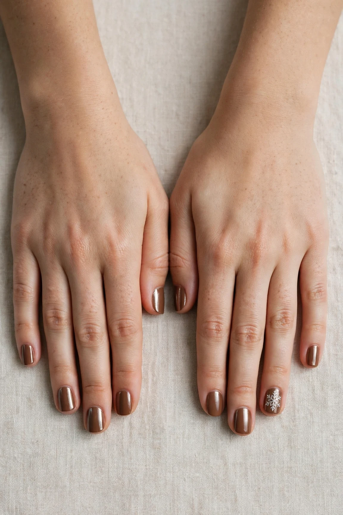 30 Brown Neutral Christmas Nails For Women In Their 20S With Short Square Nails That Are Chic, Warm and Elegant 29 Brown Neutral Christmas Nails with a chrome shine and a delicate snowflake on the ring finger