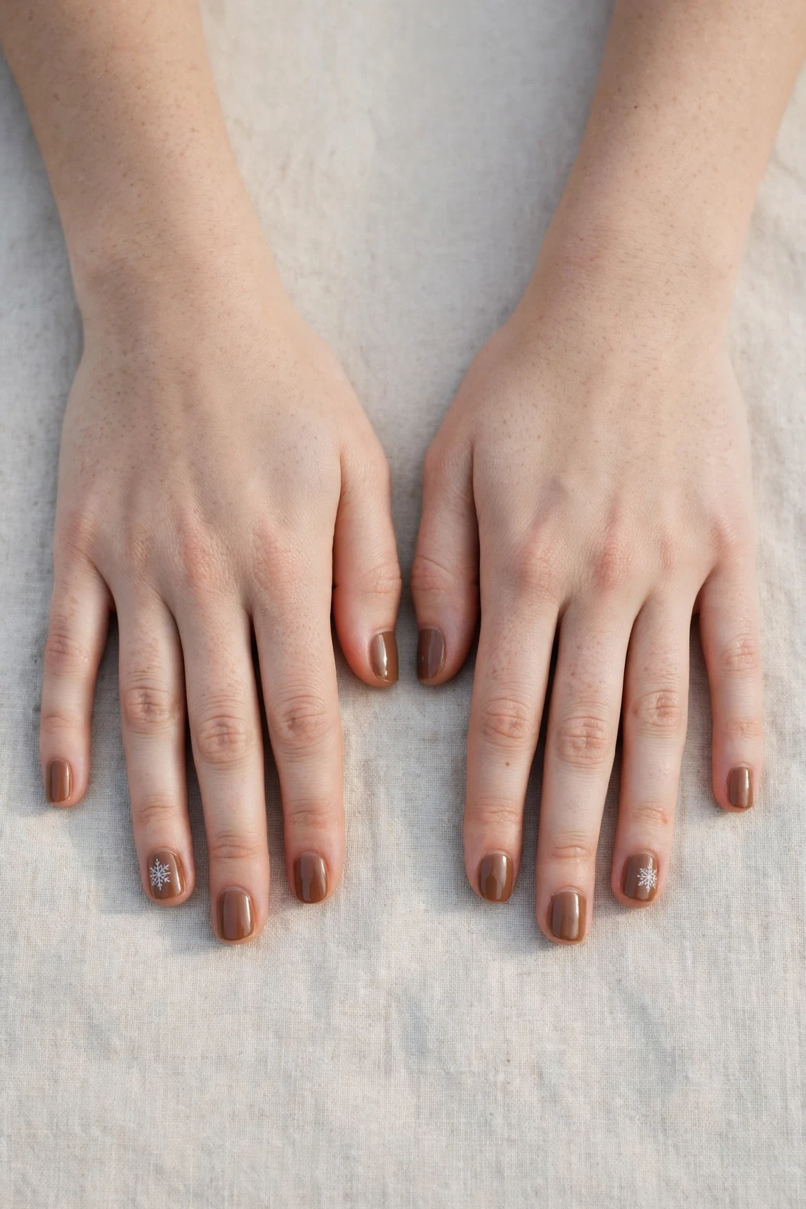 30 Brown Neutral Christmas Nails For Women In Their 20S With Short Square Nails That Are Chic, Warm and Elegant 30 Brown Neutral Christmas Nails with a sheer jelly finish and a delicate snowflake on the ring finger