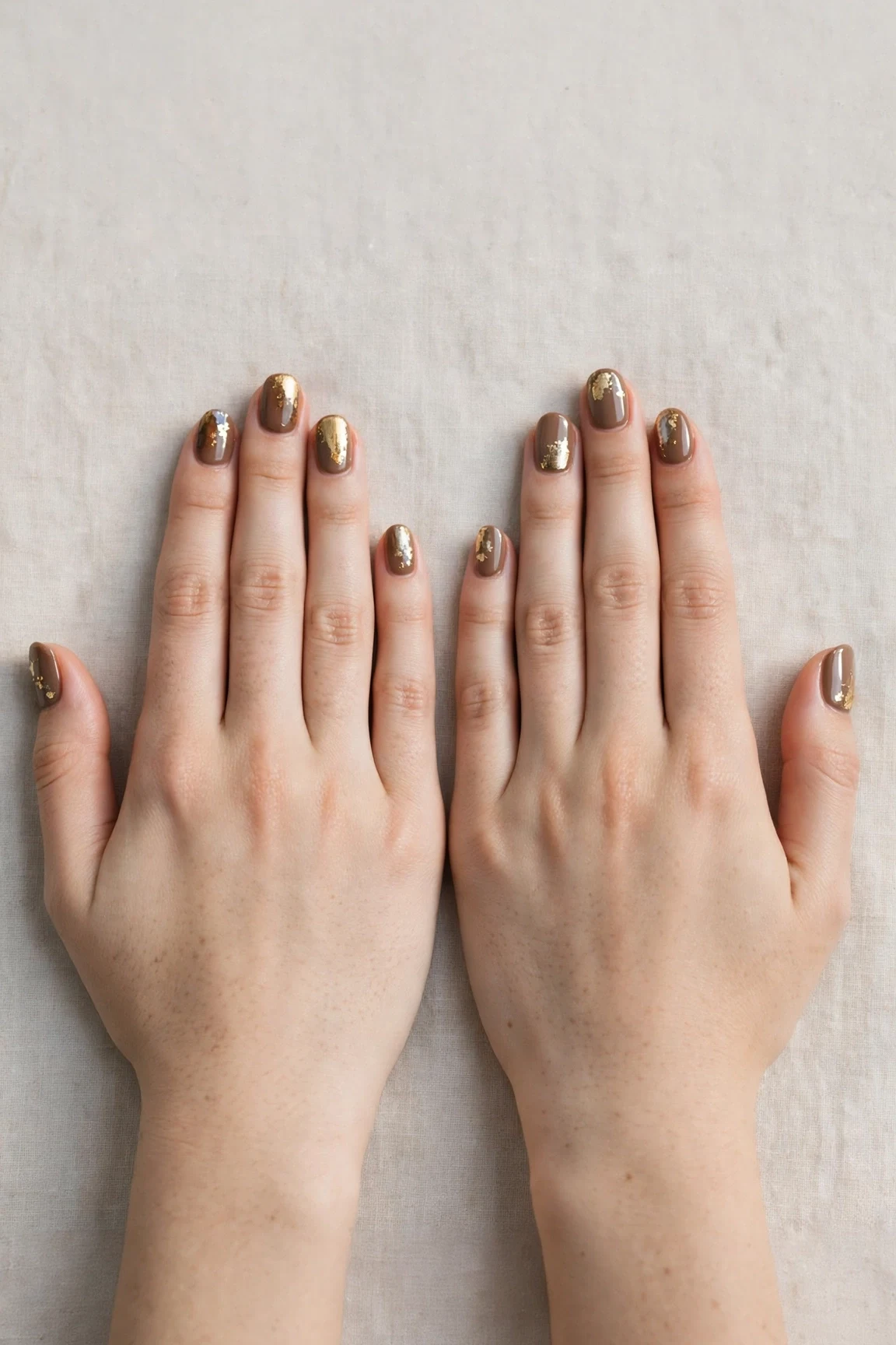 Short Oval Brown Neutral Matte Christmas Nails with a high-gloss finish and gold foil accents