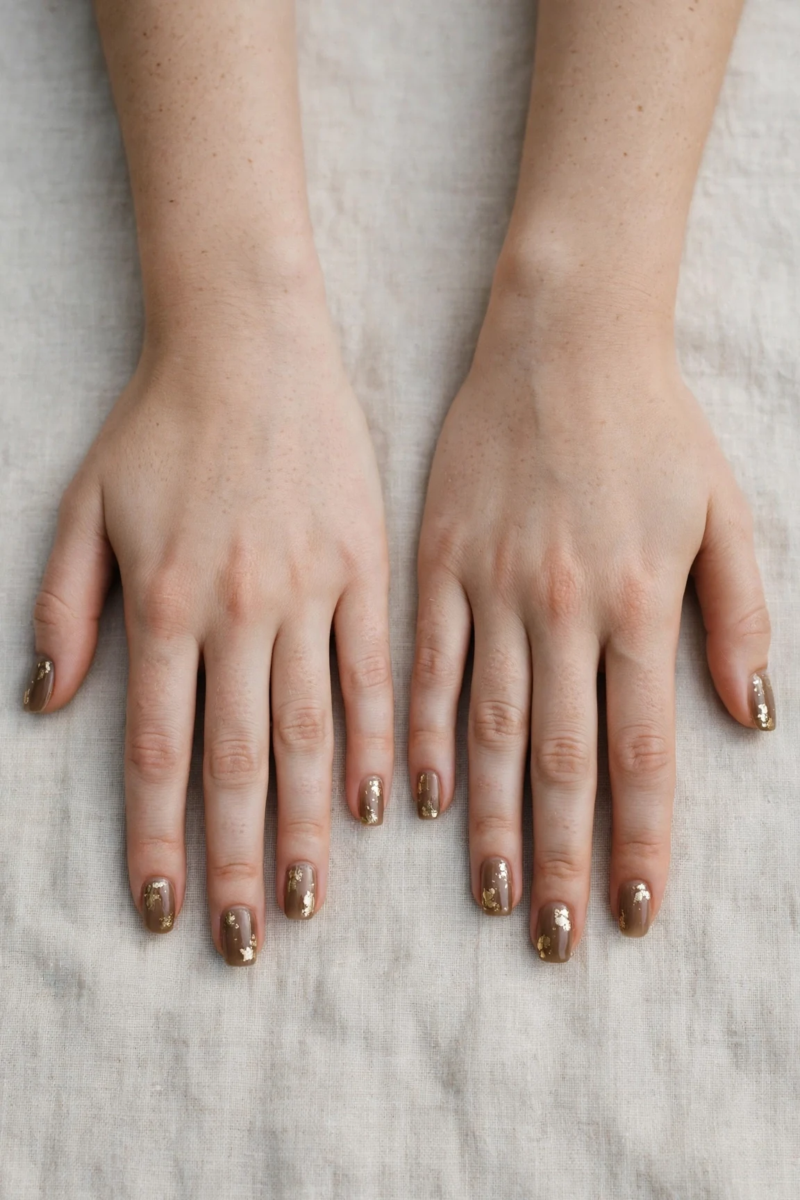 Squoval Brown Neutral Matte Christmas Nails with a sheer jelly finish and gold foil accents