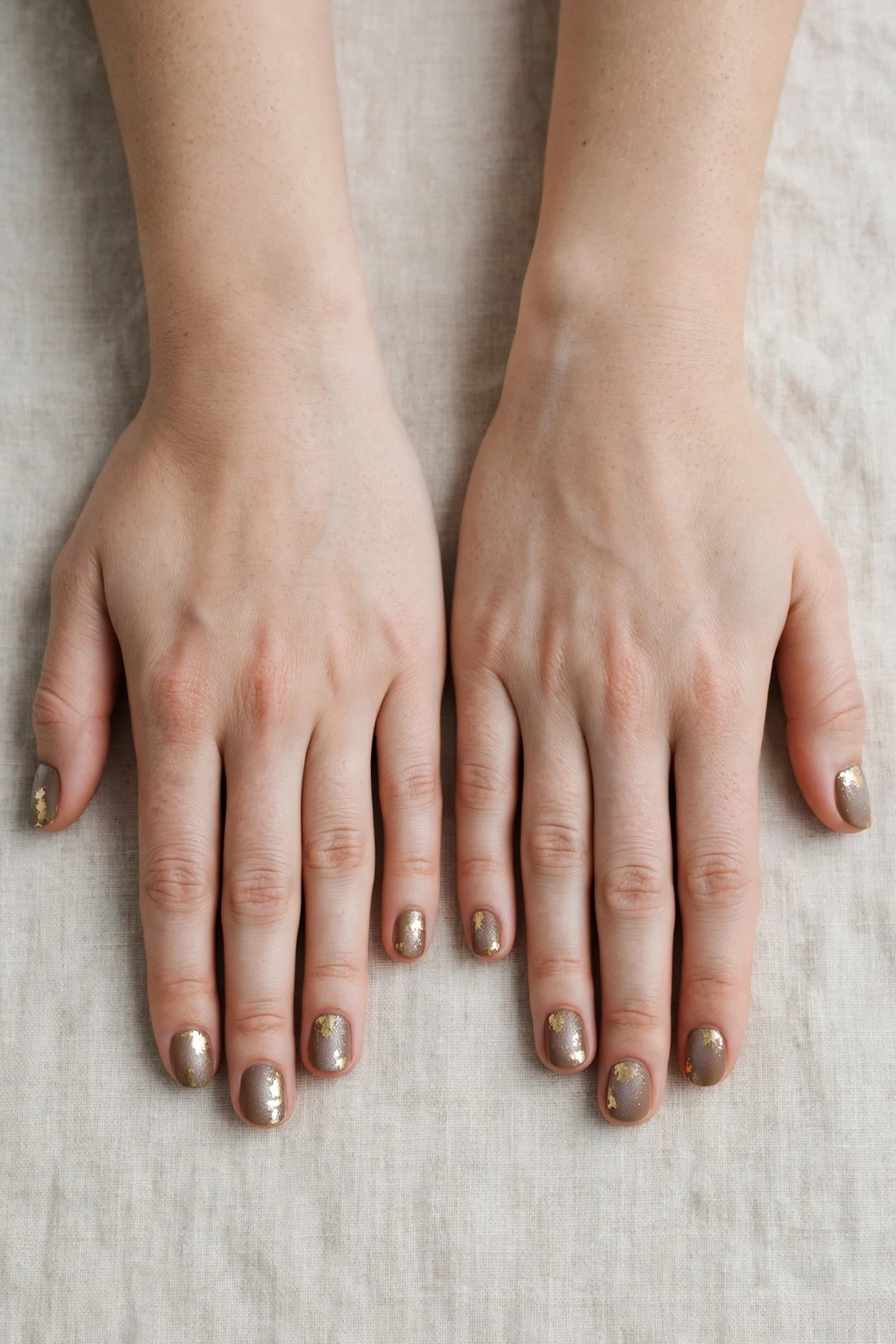 Short Round Brown Neutral Matte Christmas Nails with a frosted shimmer finish and gold foil accents