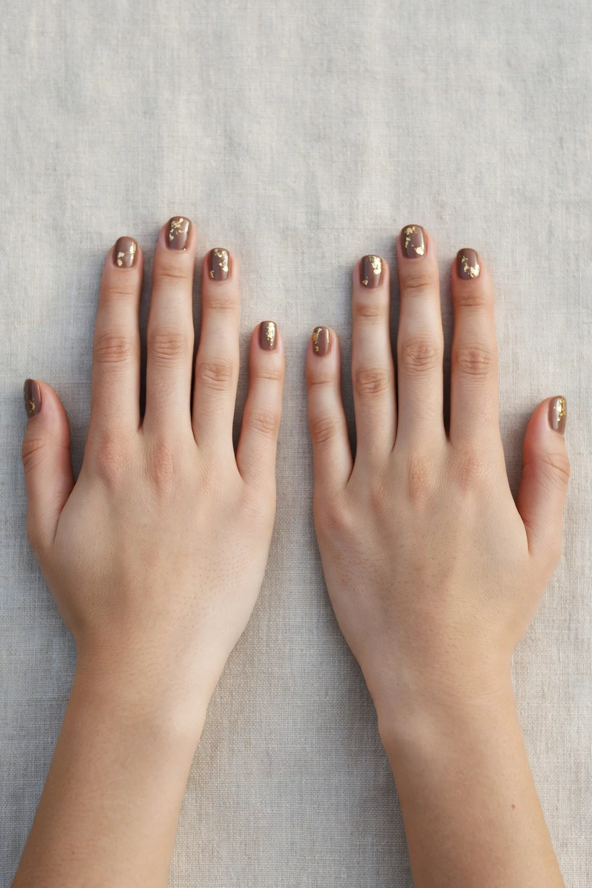 Short Square Brown Neutral Matte Christmas Nails with a glassy gel finish and gold foil accents