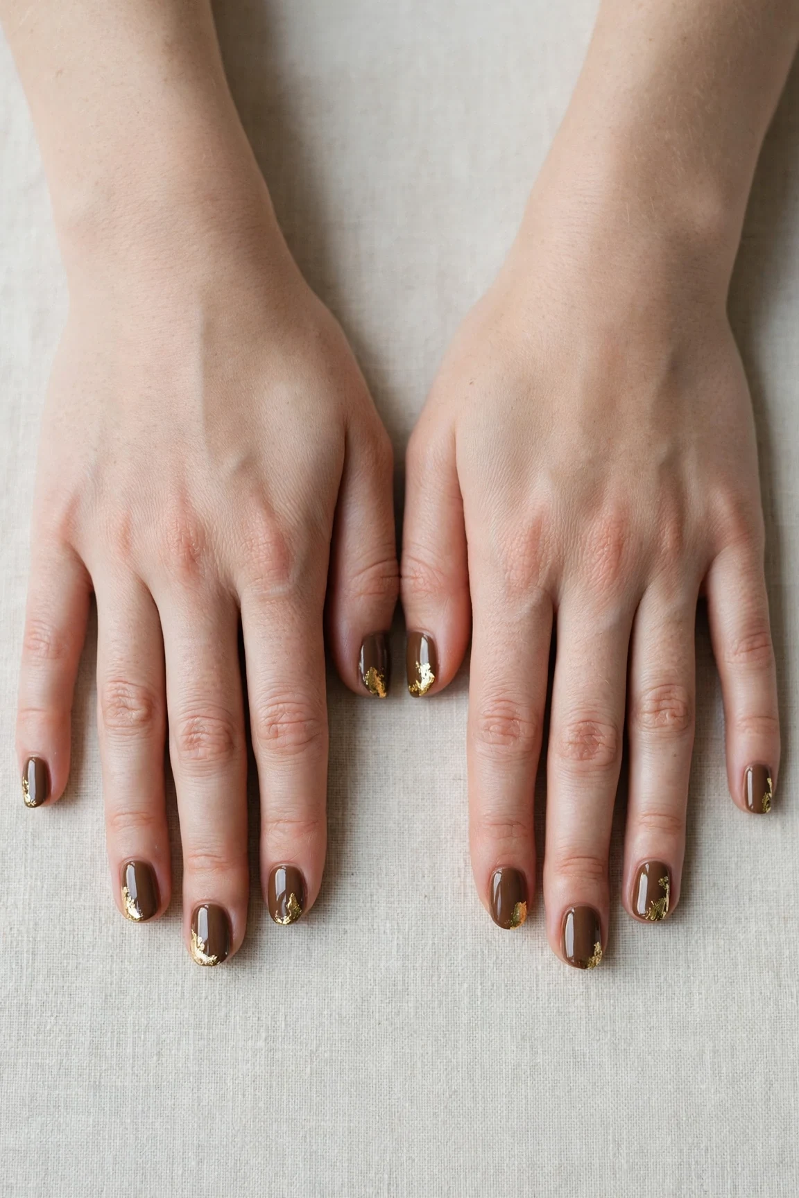 Short Round Brown Neutral Matte Christmas Nails with a deep glossy shine and gold foil accents