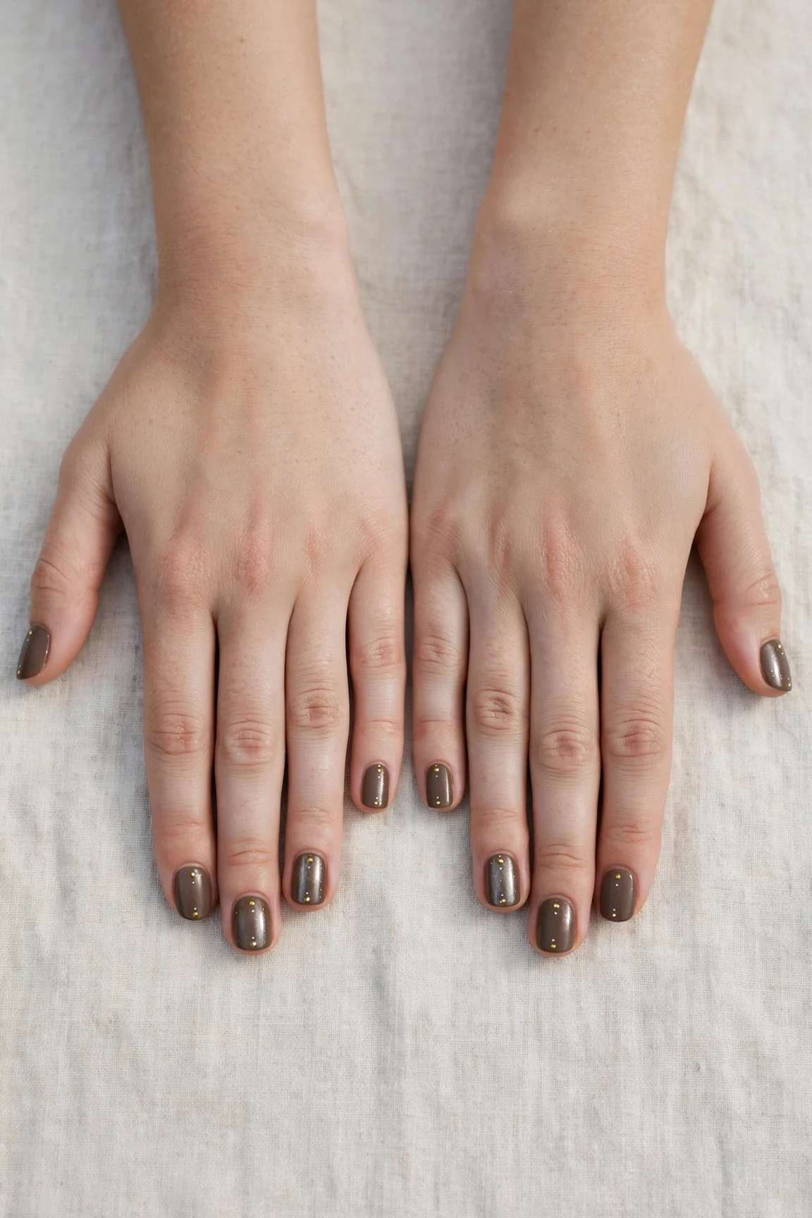 Short Square Brown Neutral Matte Christmas Nails with a chrome shine and tiny gold dots