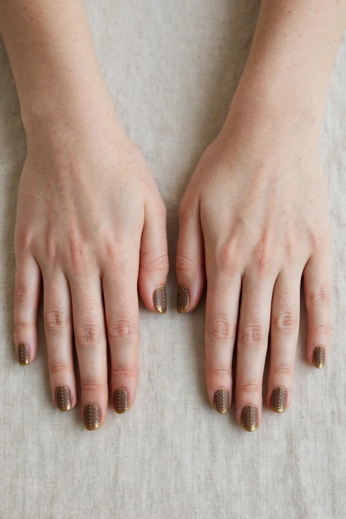 Short Oval Brown Neutral Matte Christmas Nails with a glitter gradient finish and tiny gold dots