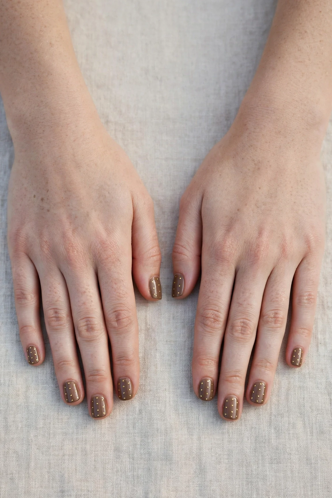 Short Square Brown Neutral Matte Christmas Nails with a glassy gel finish and tiny gold dots